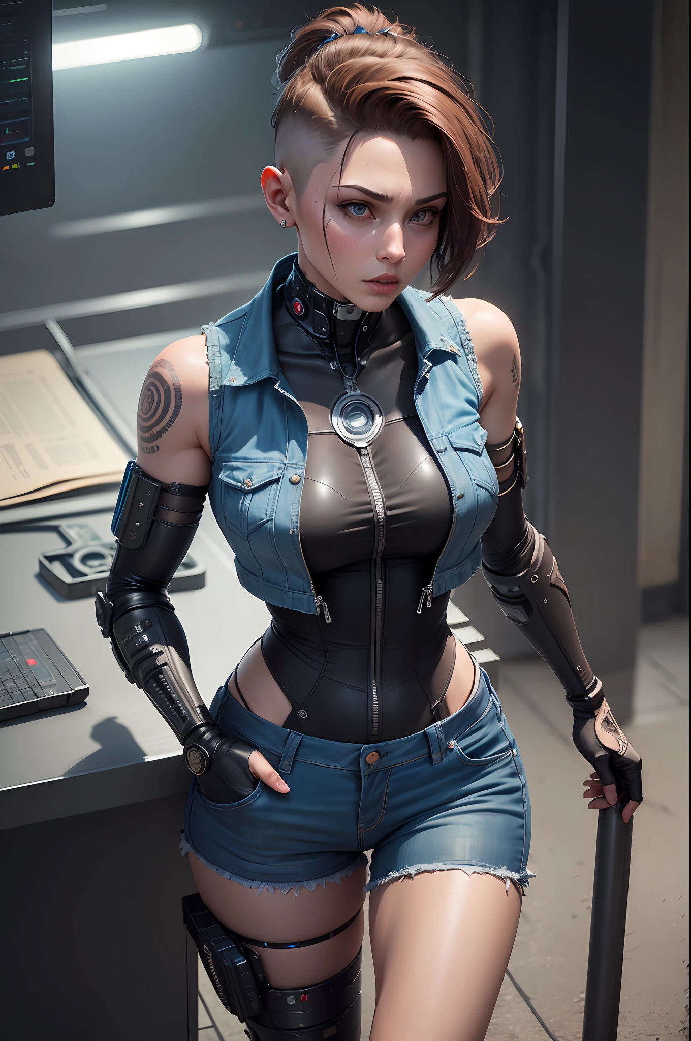 ultra detailed beautiful woman fixing device in the garage, (brown undercut hair:1.3), (cybernetic arms:1.1), dressed in (denim vest:1. 3) and short shorts, tattoo, (cyberpunk valentino:1.1), robotic parts, 150mm, beautiful studio soft light, rim light, bright details, luxury cyberpunk, , hyperrealistic, anatomical, facial muscles, elegant, beautiful background, octane render, H. R. Giger style, 8k, best quality, masterpiece, illustration, extremely delicate and beautiful, extremely detailed,CG,unity,wallpaper,(realistic, photo-realistic:1.37),Amazing, fine detail, masterpiece, best quality, official art, extremely detailed CG unity 8k wallpaper, absurdres, incredibly absurdres, robot, full body, (high angle:1.3)