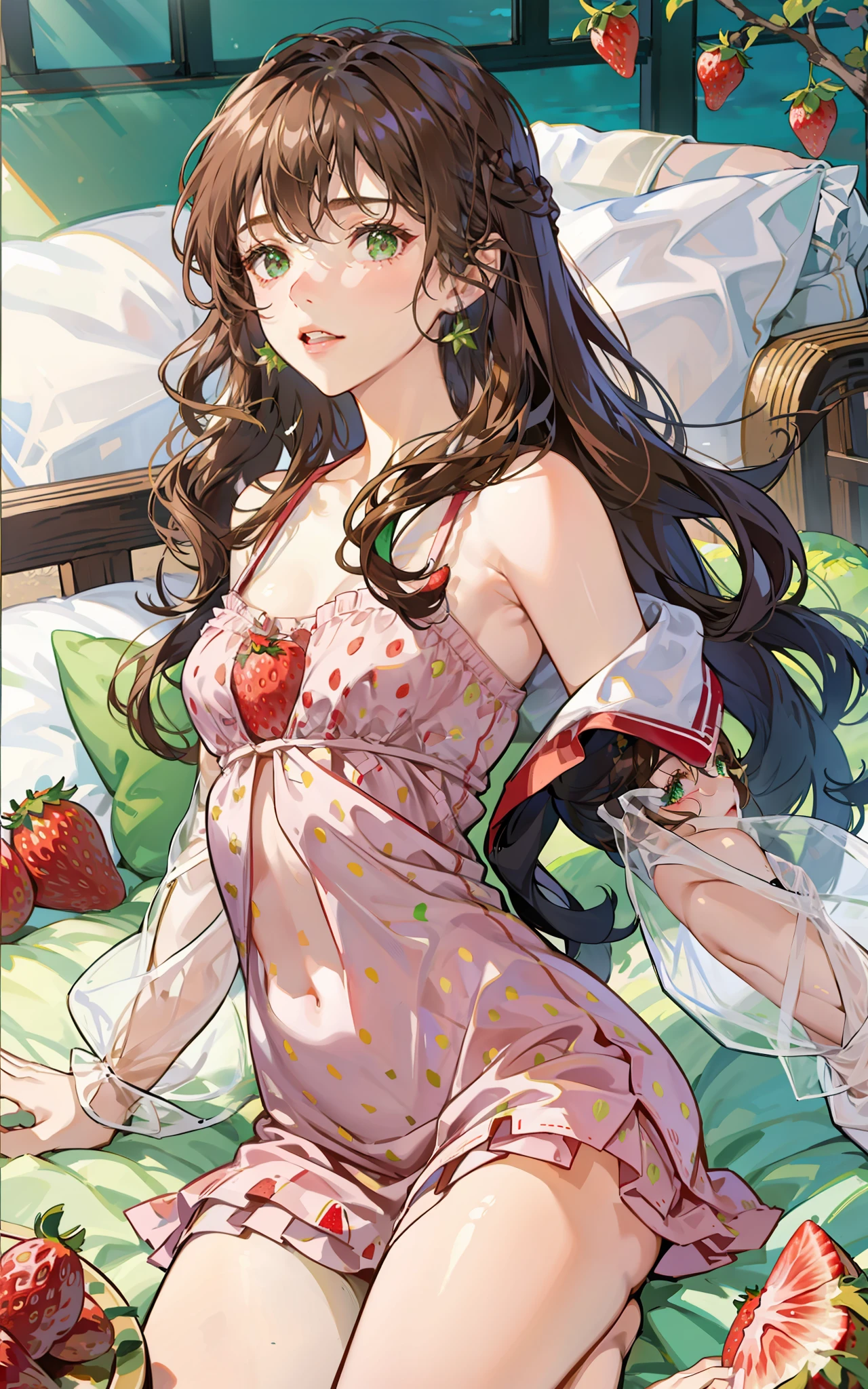 Girl with semi-long wavy brown hair, lying on her stomach looking at a photo of her boyfriend, in tender white pajamas and print strawberries, scenery of tender girl, emerald eyes,