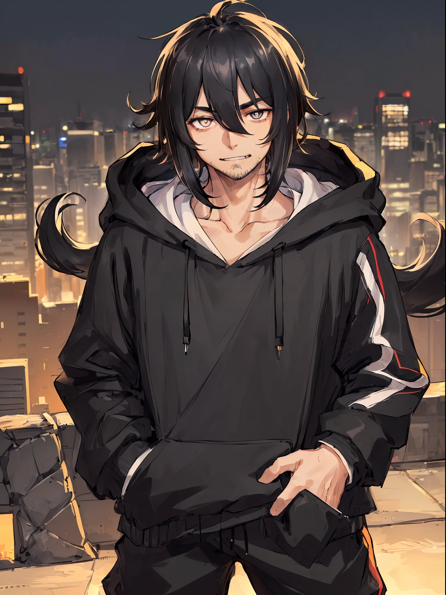 ((highest quality, masterpiece, 4k, finely detailed, detailed eyes, detailed face, gelbooru, pixiv, warm lighting)), ((solo)), 1 male, handsome, masculine, adult male, older guy, broad shoulders, closeup of face, ((black chin hair)), grinning with fangs, looking at viewer ((lazy eyes, half-lidded, tired eyes, eyebags under eyes, black eyes with white pupils)), (hoodie, sweatpants), ((black hair, medium length hair, shaggy hairstyle, messy hair), standing, hands in pockets, city background, night time