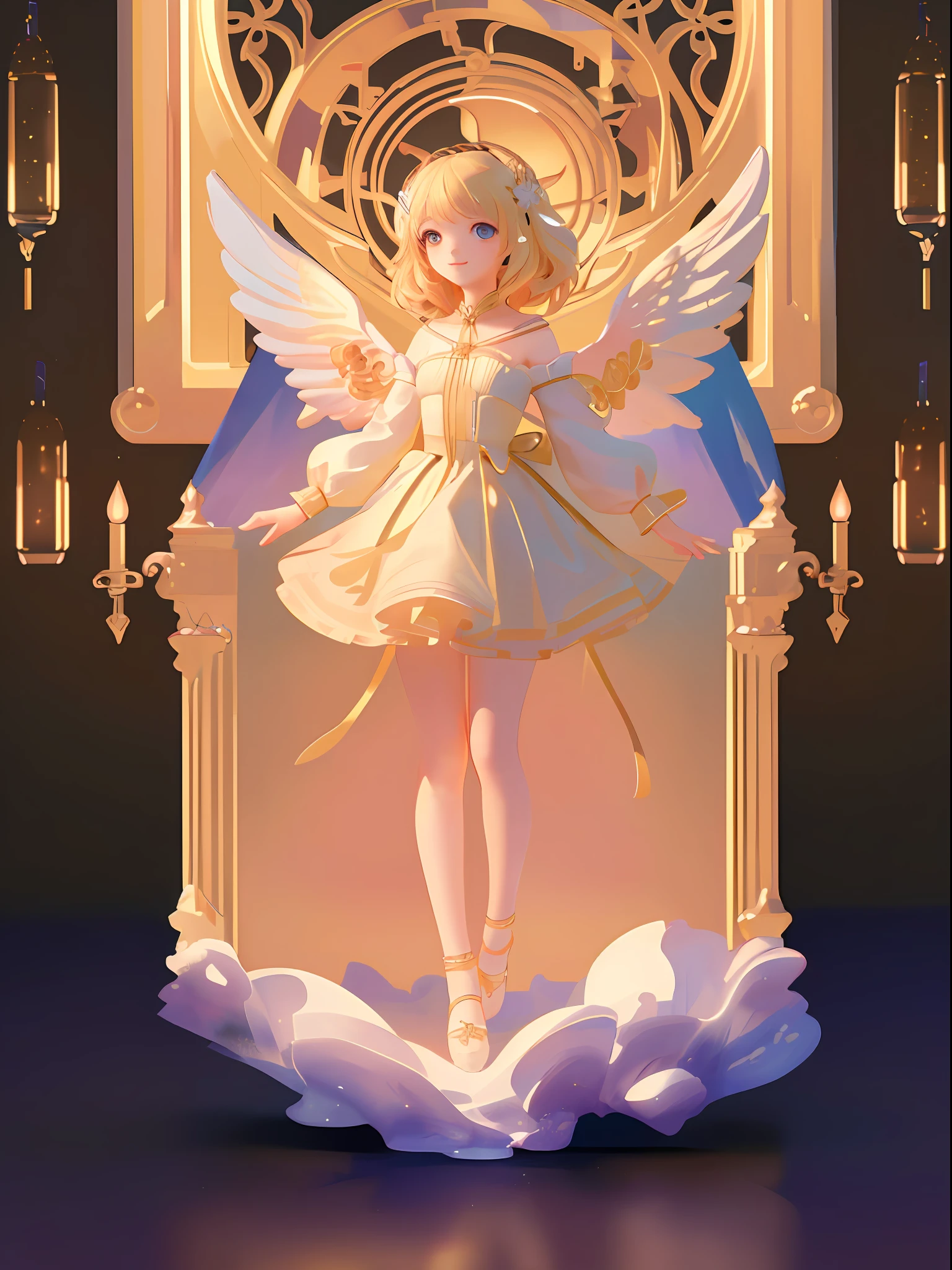 ((best quality)), ((masterpiece)), ( extreme detailed, highest detailed, official art, beautiful and aesthetic:1.2),  depth, composition FULL BODY, CHIBI,  Cute, (beautiful and detailed eye:1) , smilling, bokeh, bloom, blurred background , fairy, angel, (full body:1.5), photography, cinematic lighting, golden ratio