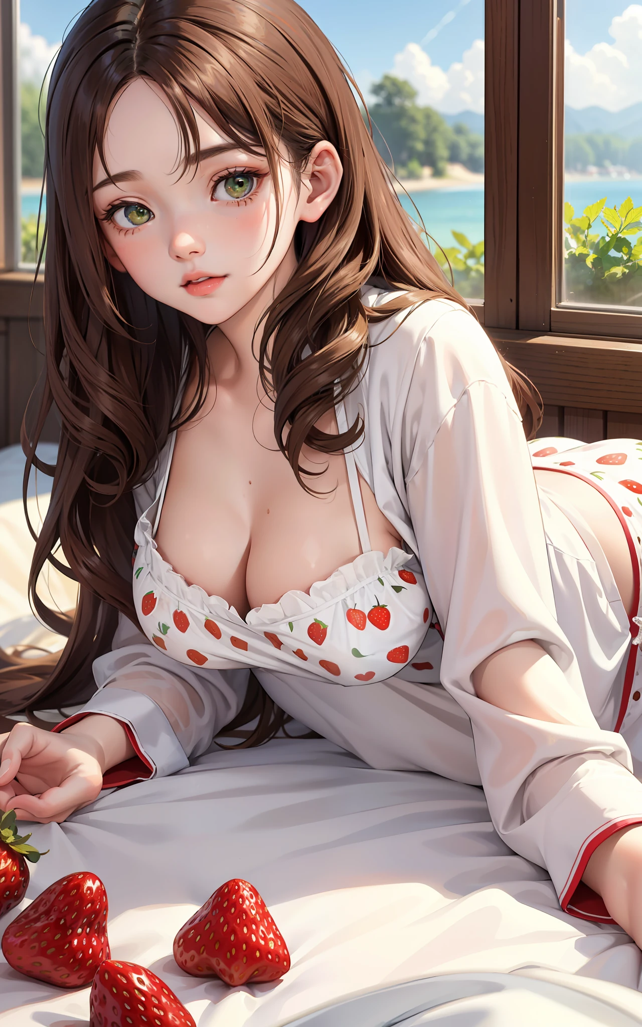 Girl with semi-long wavy brown hair, lying on her stomach looking at a photo of her boyfriend, in tender white pajamas and print strawberries, scenery of tender girl, emerald eyes,