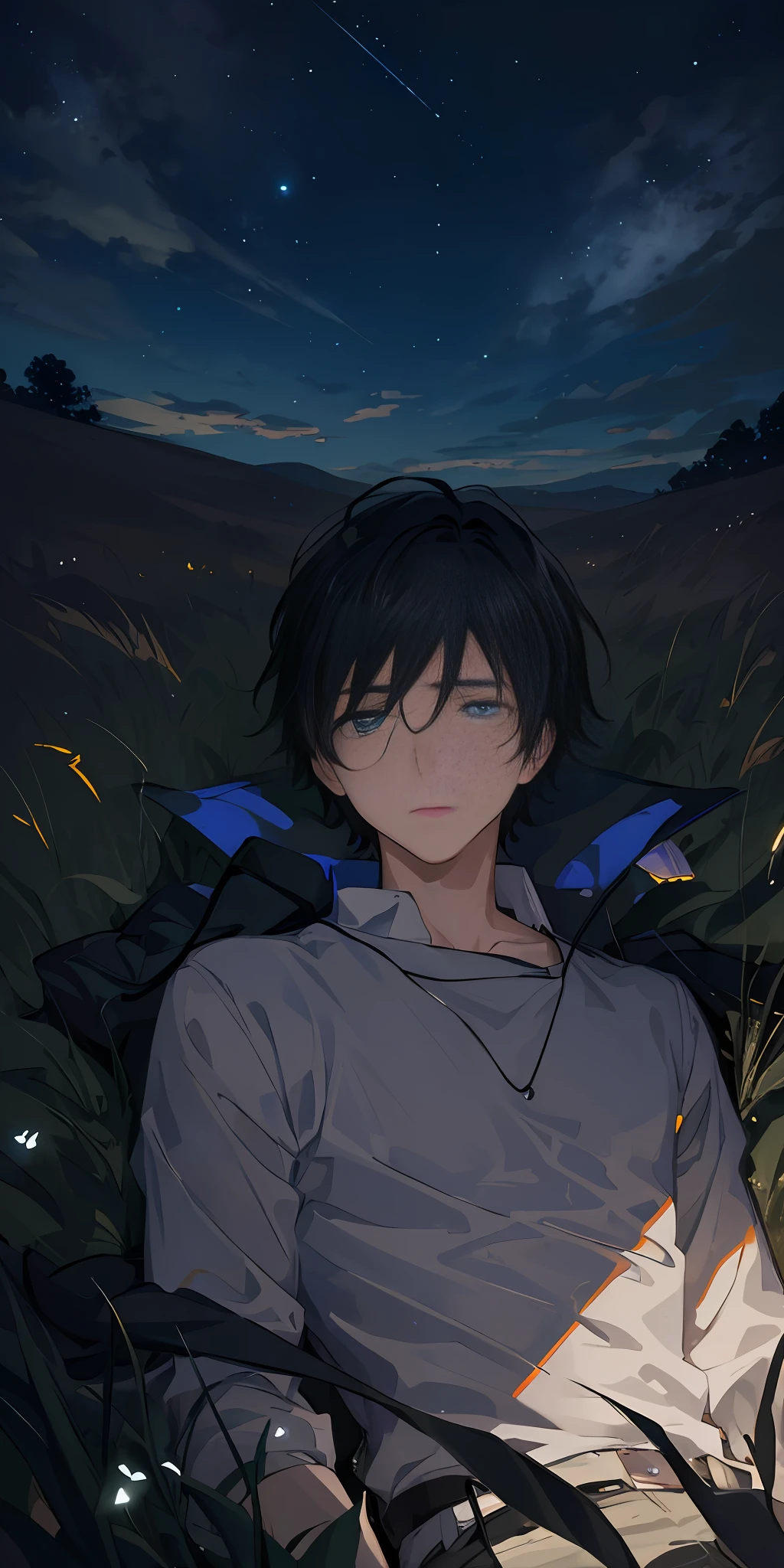 Masterpiece, night view,photo of a cool boy, highlighted hairs , depressed face ,laying in grass, looking at the sky,hill, glowing bugs, dramatic lighting, rim lighting,illustration,hyper detailed