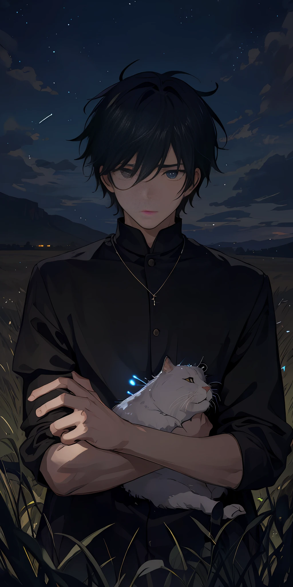 Masterpiece, night view,photo of a cool boy, highlighted hairs , depressed face ,laying in grass, looking at the sky,hill, glowing bugs, dramatic lighting, rim lighting,illustration,hyper detailed