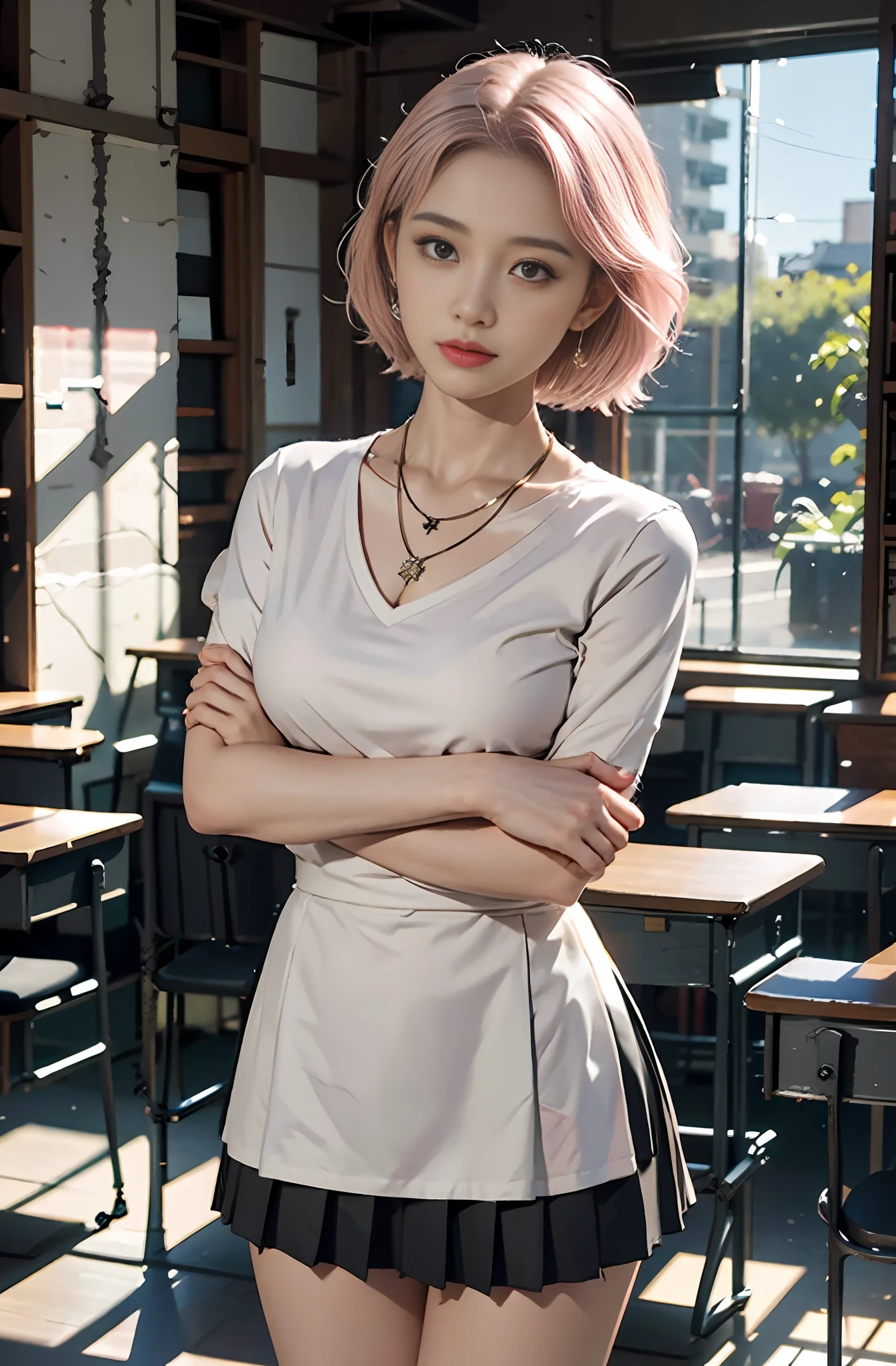 Black stockings, large aperture f1.2, blurry, classroom, blurred background, masterpiece, 1 girl, waist up, faint smile, shiny skin, best quality, (realistic: 1.4), school uniform, pleated skirt, background blur, focal length on person, (large aperture: 1.2), pink hair, necklace, earrings, classroom, school, night