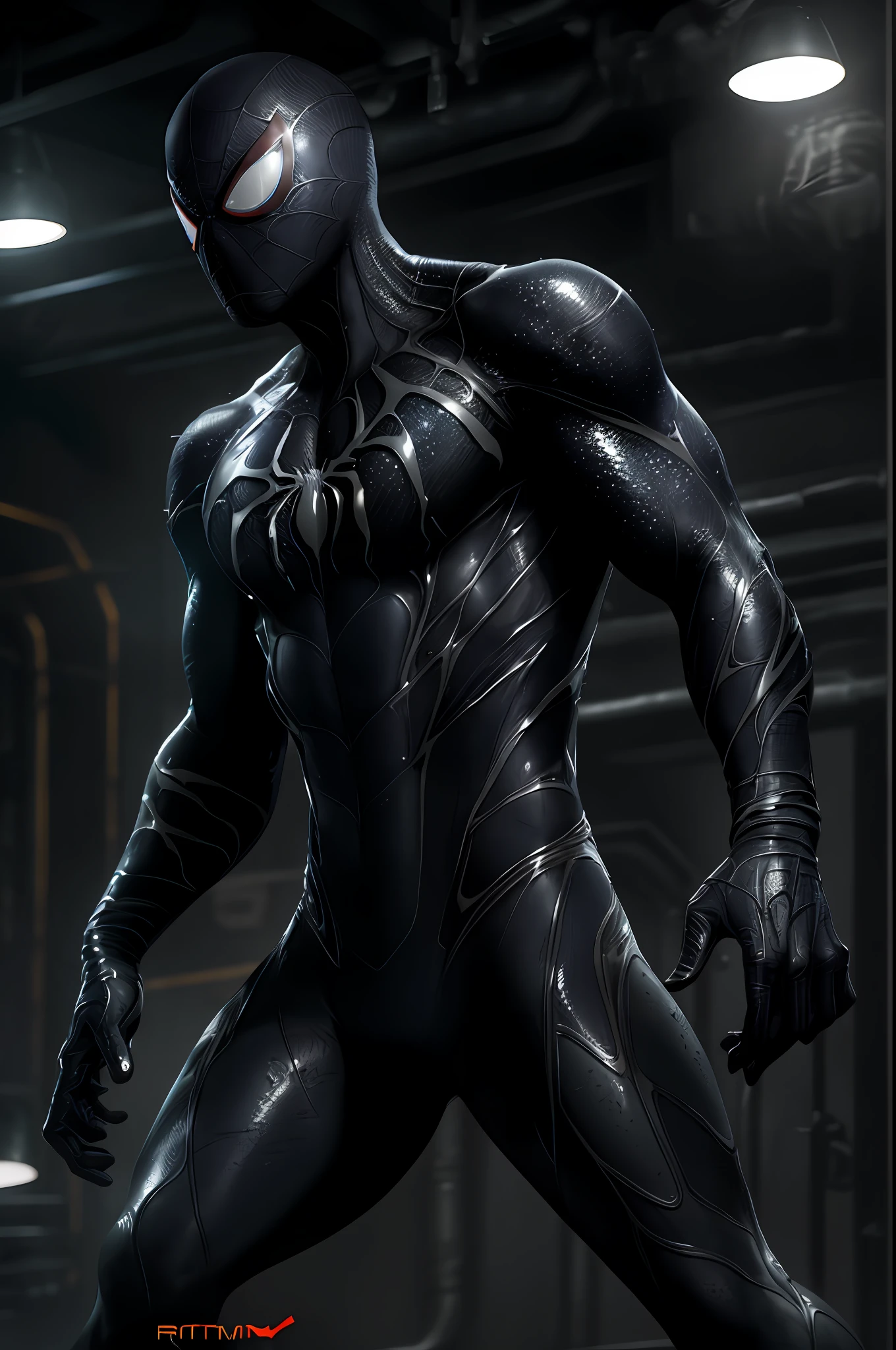 8k, RAW photo, best quality, masterpiece: 1.2), ultra detailed, official art, photo-realistic: 1.37, PS5 cinematic screenshot, highly detailed and detailed cinematic rendering, ultra photorealistic raytricing, with cinematic lighting, Black and White Spider-Man, Venom Symbiote Suit, Glittery Goo Organic Suit