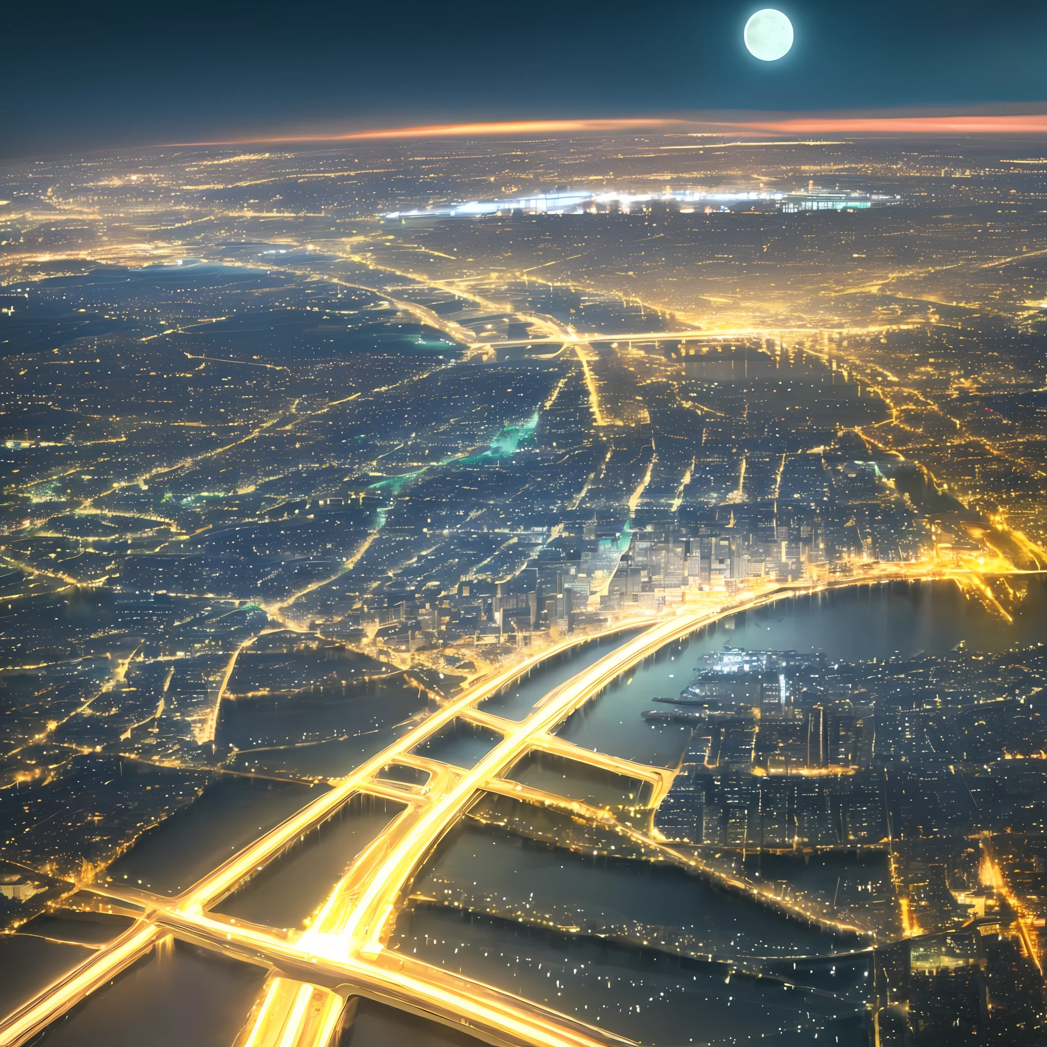 Landscape a very bright city, an uncle covered with reflections, beautiful moon, various details, 8k quality, cinematic focus