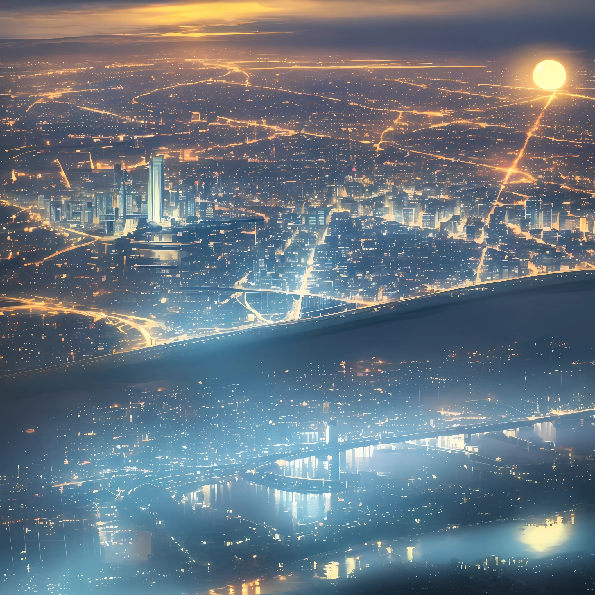 Landscape a very bright city, an uncle covered with reflections, beautiful moon, various details, 8k quality, cinematic focus
