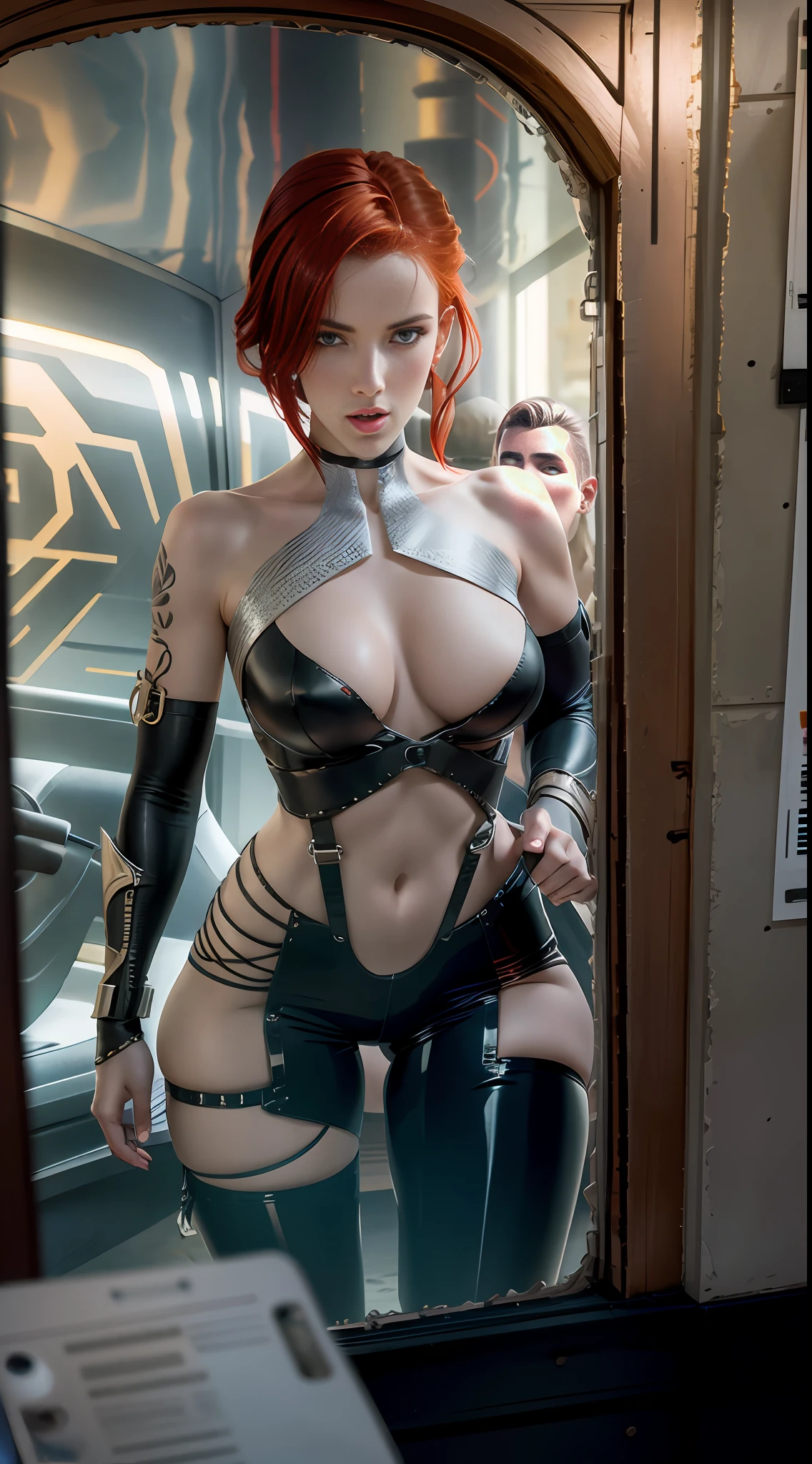 Concept art, sexy girl, white haircut, extreme details, red hair, front camera view, rear camera view