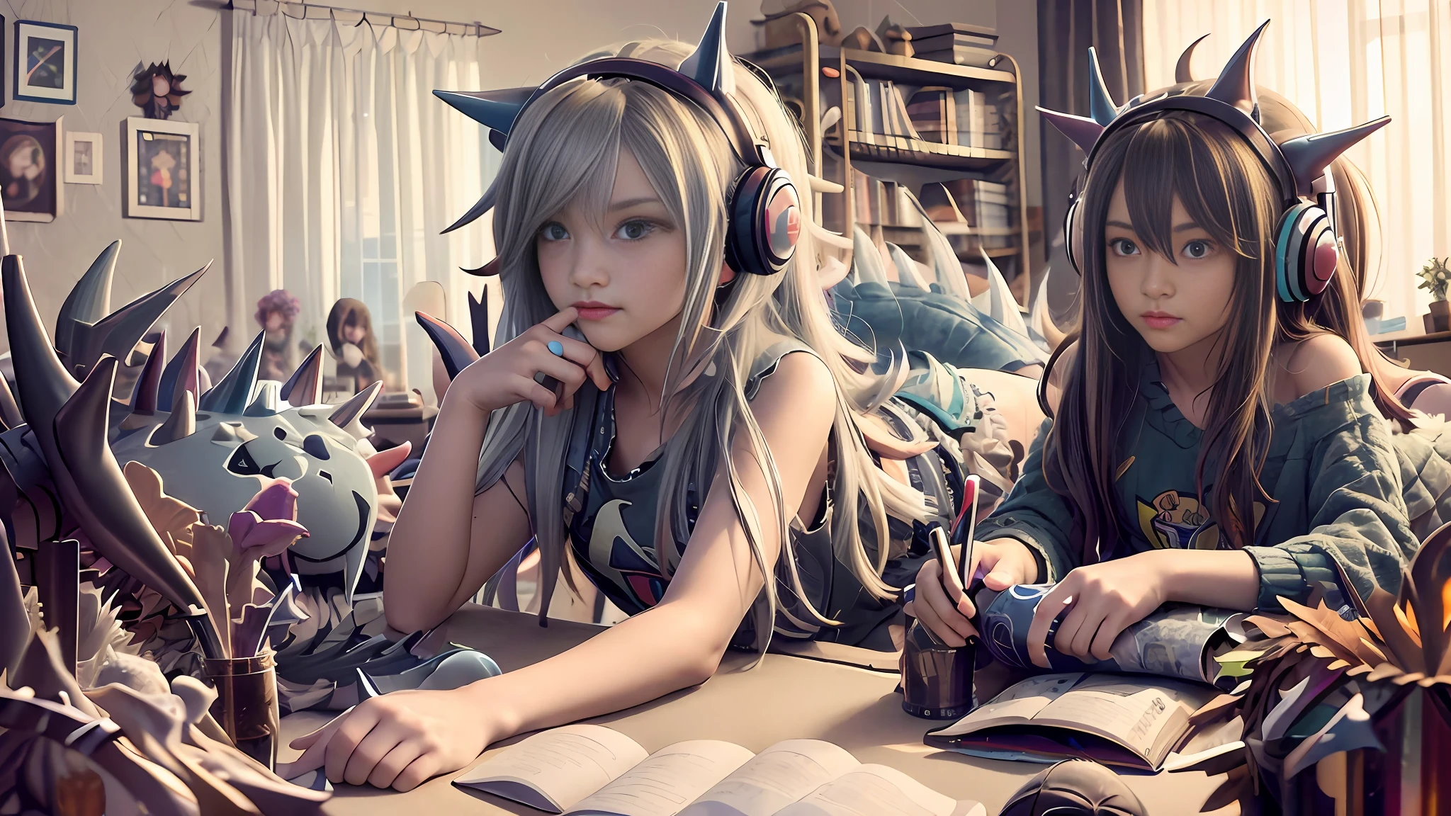 masterpiece, best quality, ultra-detailed, illustration, 2girls, sitting, playful, gaming, messy room, teenage, 15 years old, lighthearted, cozy, relaxed, cheerful, fondness, love, friendship, cute, touching, computer game, controllers, smiles, joy, laughter, comfortable, slippers,ful pajamas, messy hair, tousled, disarray, cluttered, toys, posters, pillows, blankets, lamp, desk, chair, cozy atmosphere, night lighting, bright colors, soft pastels, flowers, plants, books, headphones, snacks, soda, energy drinks, manga, novels, plushies, figurines, posters, pictures, posters, wall scrolls, stickers, decorations, bed, blankets, pillows, stuffed animals, cozy blankets, warm blankets, comfortable clothes, casual attire, leisure wear, sweatshirt, sweatpants, t-shirt, tank top, socks,