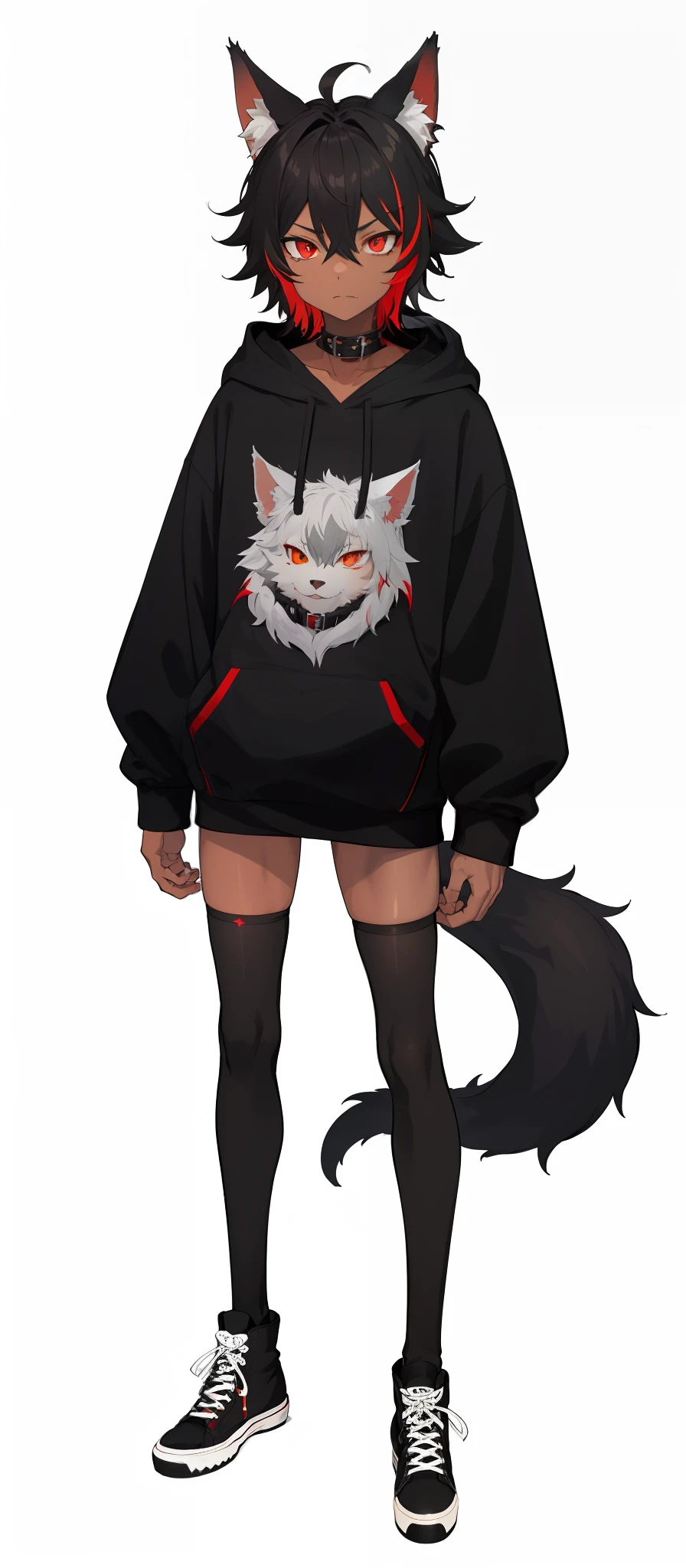 cat-boy, toned, sharp big wolf ears, wolf tail, big black messy hair, extremely vibrant red eyes, HD, masterpiece, vibrant, black converse shoes, slim dark black hoodie, full body view, neutral face, black thigh socks, combat boots.