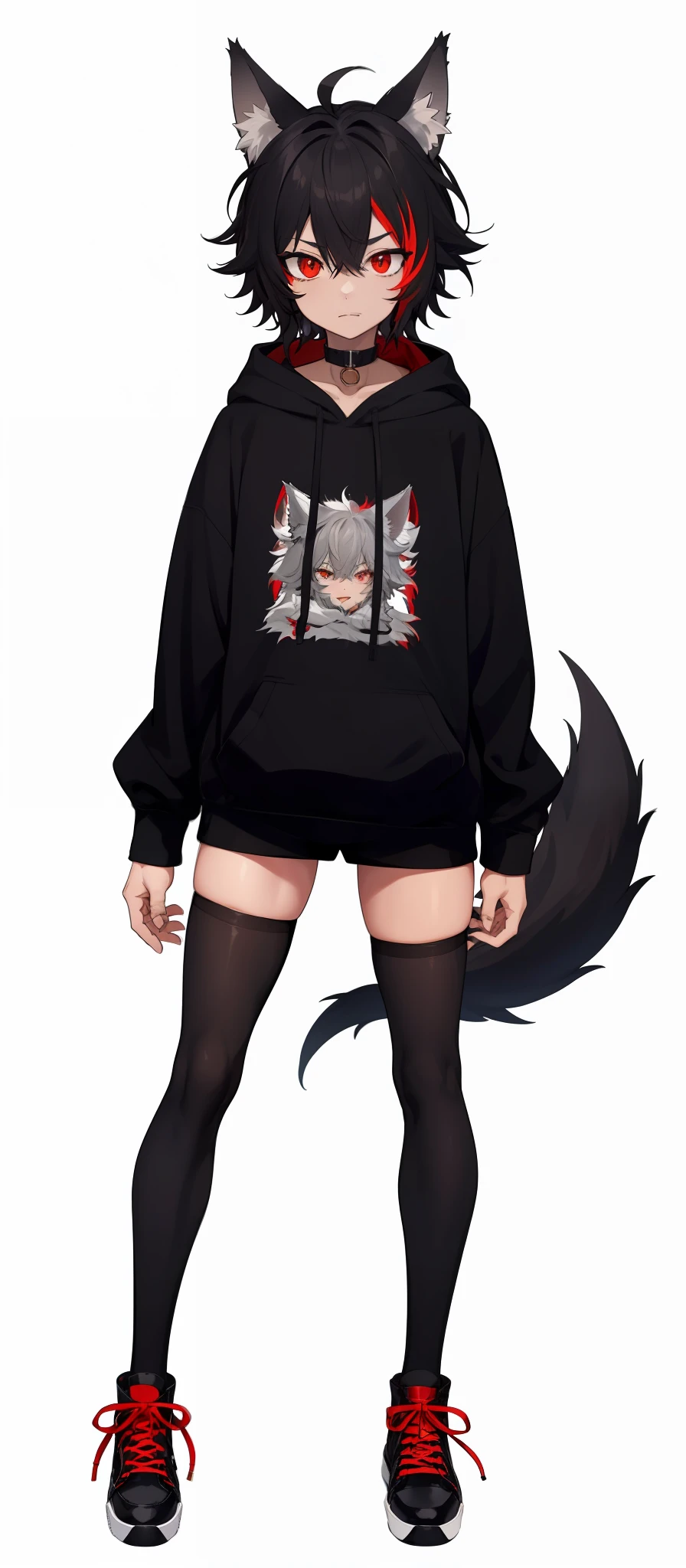 cat-boy, toned, sharp big wolf ears, wolf tail, big black messy hair, extremely vibrant red eyes, HD, masterpiece, vibrant, black converse shoes, slim dark black hoodie, full body view, neutral face, black thigh socks, combat boots.
