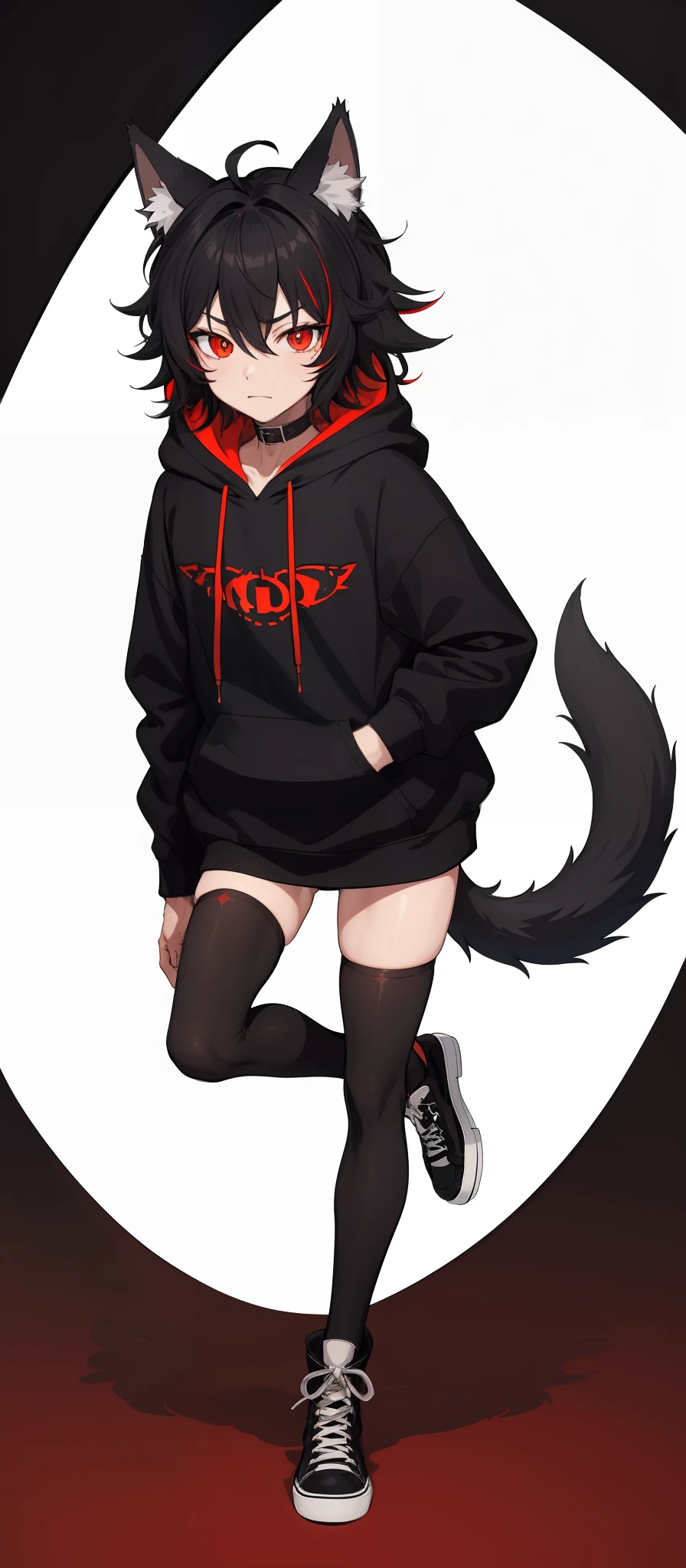 cat-boy, toned, sharp big wolf ears, wolf tail, big black messy hair, extremely vibrant red eyes, HD, masterpiece, vibrant, black converse shoes, slim dark black hoodie, full body view, neutral face, black thigh socks, combat boots.