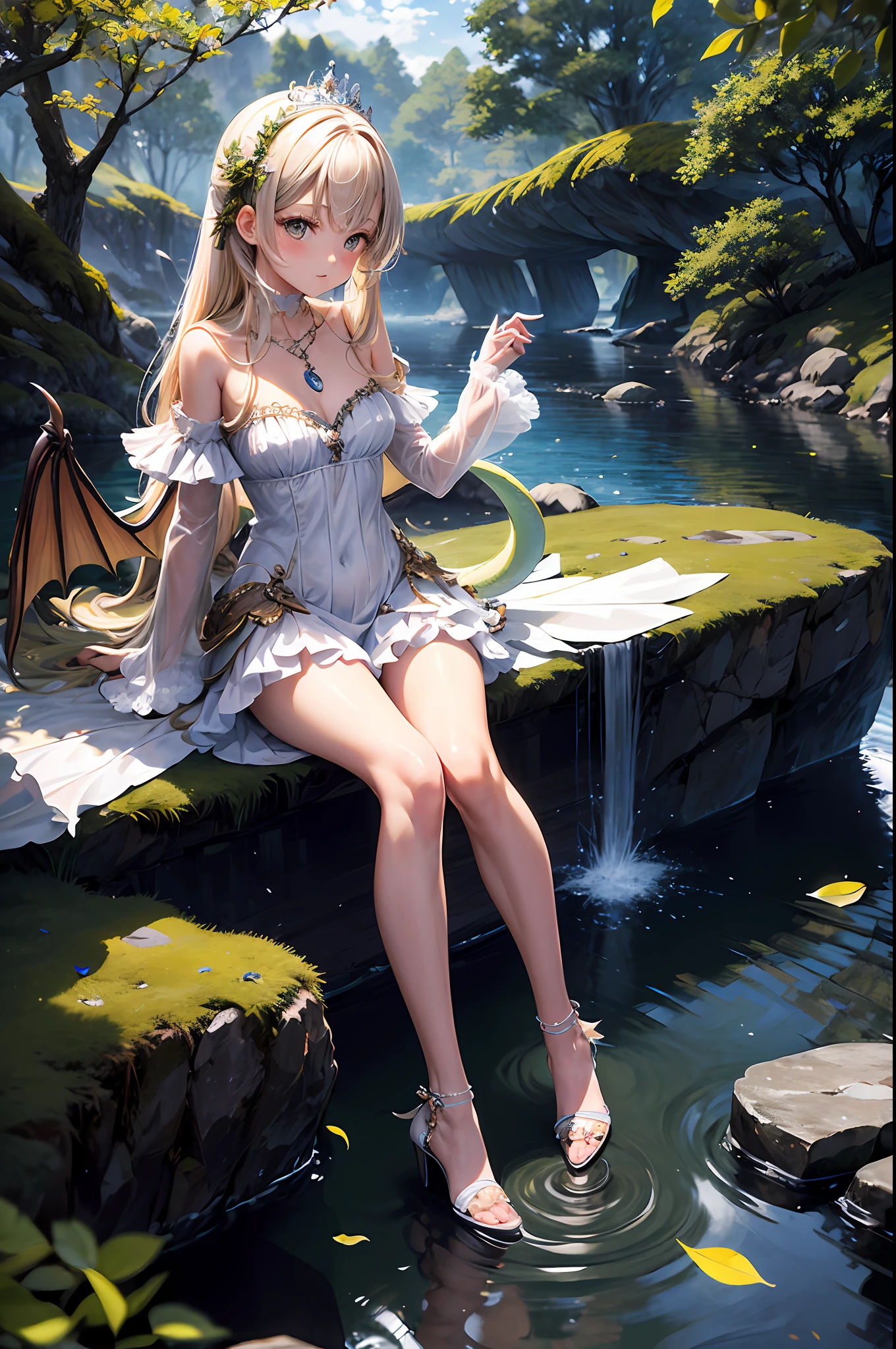 (masterpiece, best quality: 1.2), 1girl, solo, cute, kawaii, digital art, magic circle, platinum blonde, delicate eyes, awkward expression, sweat, frill dress, pink color scheme, high heels, white gloves, heart necklace, crown, magic wand, dragon, forest, flame breath, wings, scales, sharp claws, pointed tail, trees, moss, transparent moonlight, fallen leaves, shrubs, rocks, rivers, bridges Night clouds, starry sky, wind, rustling leaves,