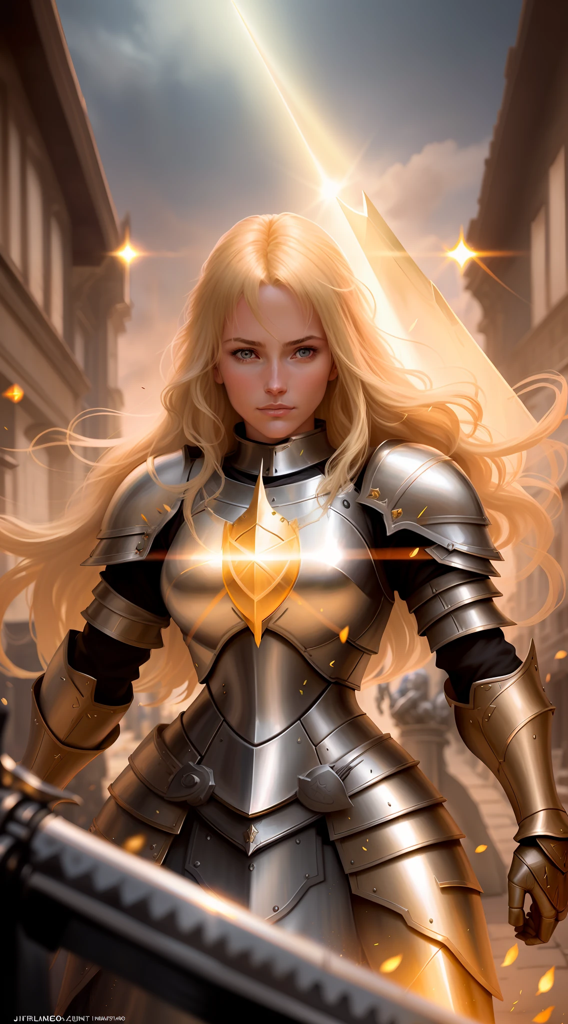 blond woman in armor with sword in city street, fantasy paladin woman, of a beautiful female knight, portrait knight female, gorgeous female paladin, beautiful female knight, graphic artist magali villeneuve, portrait of female paladin, artgerm julie bell beeple, girl in knight armor, female paladin, female knight, picture of female paladin