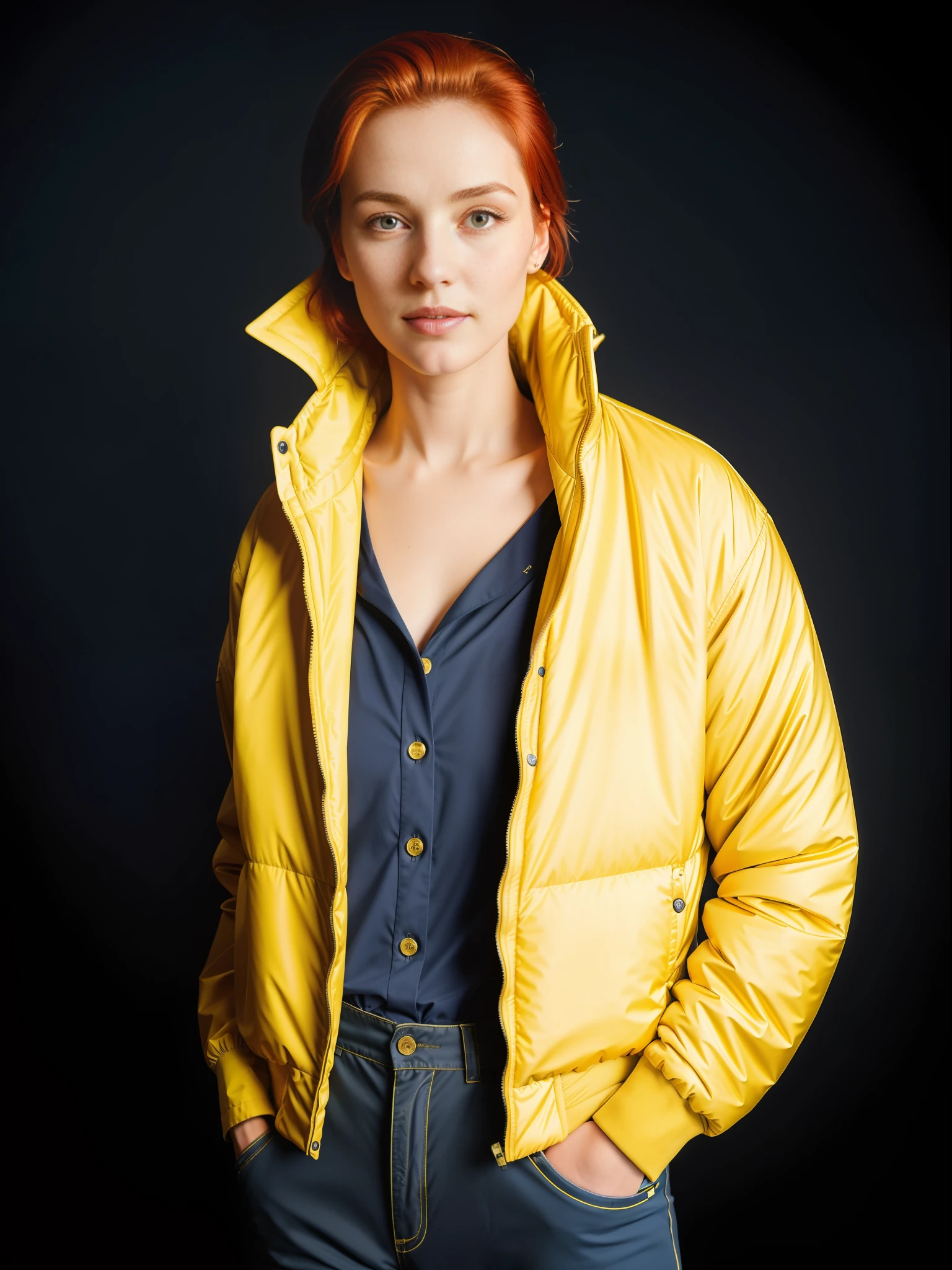 (Best quality, 8k, 32k, masterpiece, UHD: 13), 1 girl, good hand, 4k, high resolution, masterpiece, best quality, head: 1.3, ((Hasselblad photography)), (model with red hair), finely detailed skin, sharp focus (cinematic lighting), collarbone, morning, soft lighting, dynamic angle, [:(detailed face: 1.2): 0.2], armpit fold, yellow clothes, slender, medium breasts, navy blue infinity background,  navy blue flat background, photography with Hasselblad 50mm f8 camera, studio flash lighting, captivating look, seductive look, freckles on the face, yellow inflated jacket, large yellow winter jacket, navy blue shirt, navy blue pants, navy blue moon pants,
