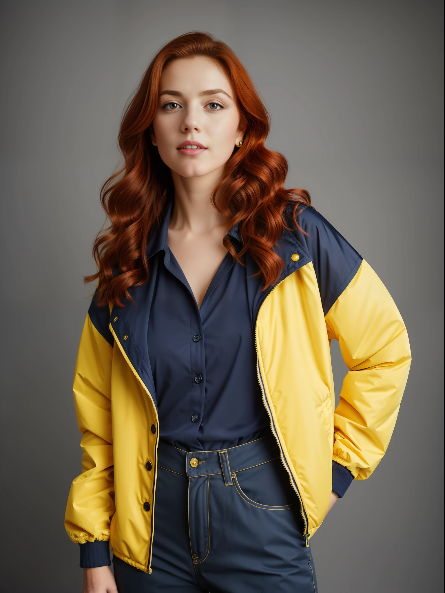 (Best quality, 8k, 32k, masterpiece, UHD: 13), 1 girl, good hand, 4k, high resolution, masterpiece, best quality, head: 1.3, ((Hasselblad photography)), (model with red hair), finely detailed skin, sharp focus (cinematic lighting), collarbone, morning, soft lighting, dynamic angle, [:(detailed face: 1.2): 0.2], armpit fold, yellow clothes, slender, medium breasts, navy blue infinity background,  navy blue flat background, photography with Hasselblad 50mm f8 camera, studio flash lighting, captivating look, seductive look, freckles on the face, yellow inflated jacket, large yellow winter jacket, navy blue shirt, navy blue pants, navy blue moon pants,
