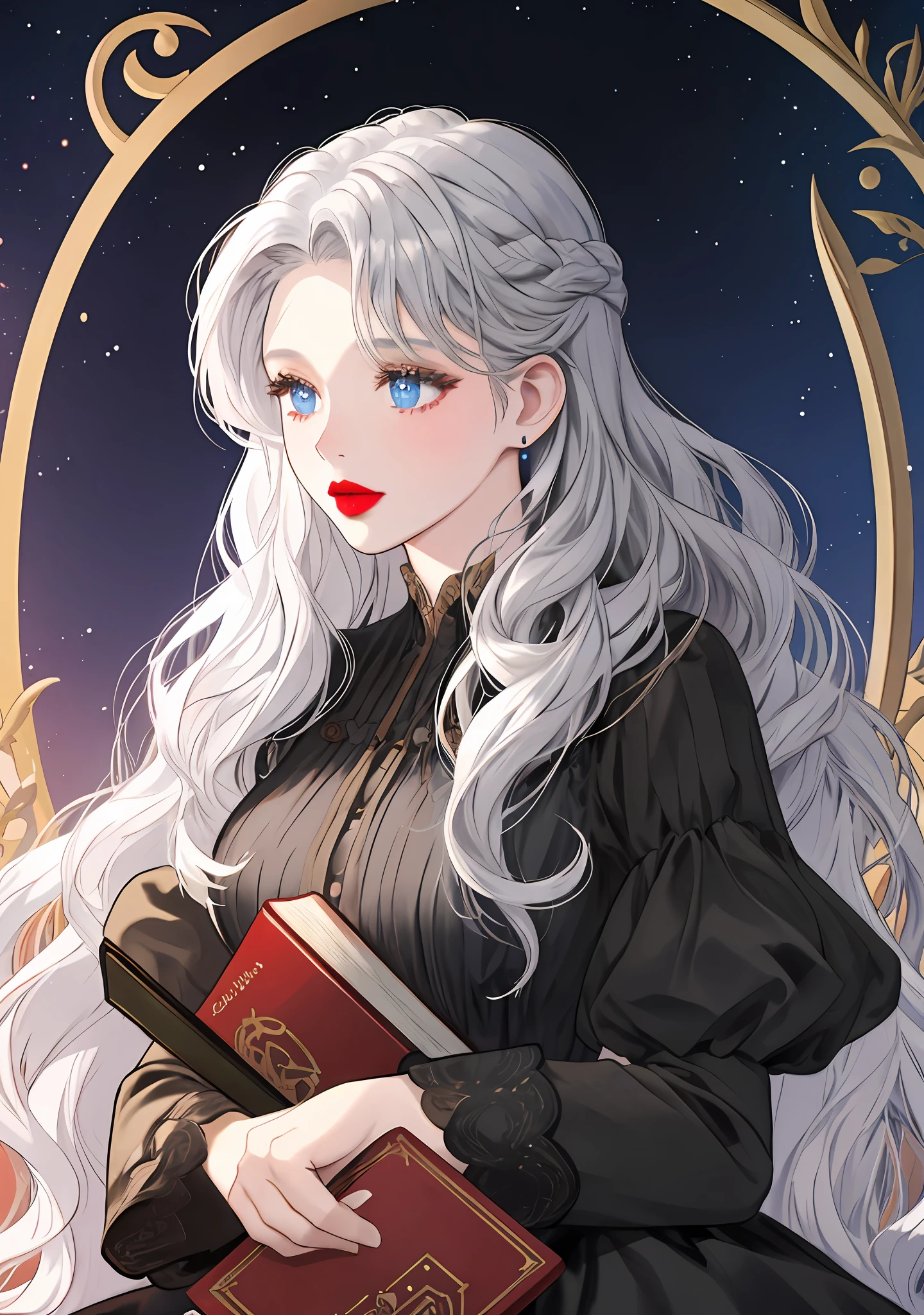 a close-up of a person holding a book, sweet girl, woman with silver wavy hair, bangs, blue eyes, red lips, tender black dress snug to the body,