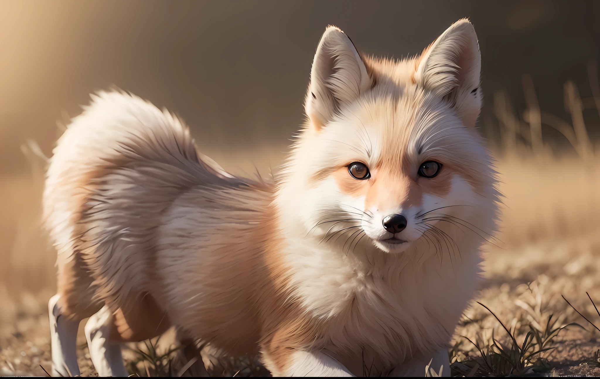 1 little fox, cute, white fox, fox eyes, running, daytime, running on the steppe full of flowers, full of beautiful flowers, long hair, beautiful and detailed eyes, extremely detailed eyes and face, light on the face, cute, extreme quality, masterpiece, illustration, very delicate and beautiful, very detailed, CG, unified, 8k wallpaper, amazing, fine details, masterpiece, best quality, official art, very detailed CG unified 8k wallpaper, very detailed, high resolution, very detailed, (Best Quality), (Realism, Photo Realism: 1.2), 8K, Soft Light, High Quality, Official Art, Extremely Detailed CG Unified 8k Wallpaper, Cinematic Lighting.