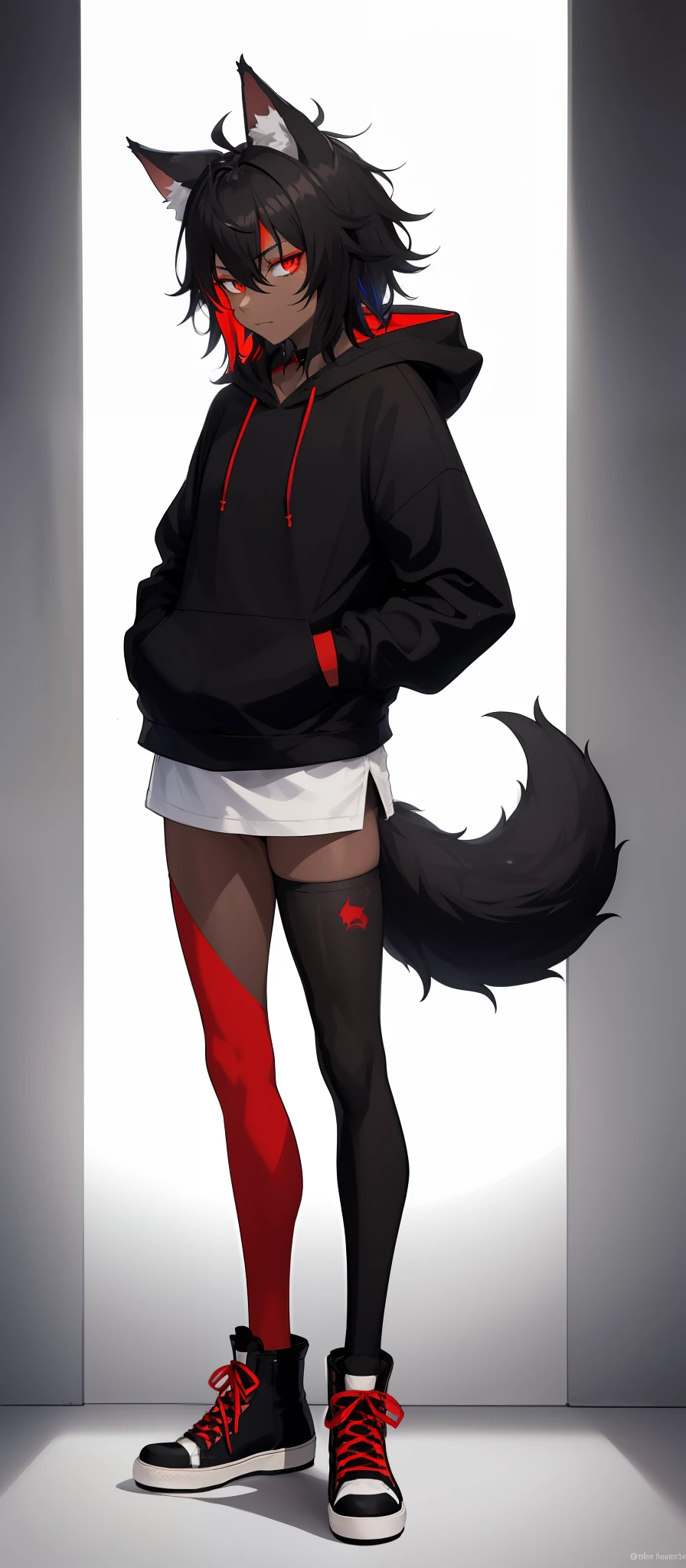 cat-boy, toned, sharp big wolf ears, wolf tail, big black messy hair, extremely vibrant red eyes, HD, masterpiece, vibrant, black converse shoes, slim dark black hoodie, full body view, neutral face, black thigh socks, combat boots.