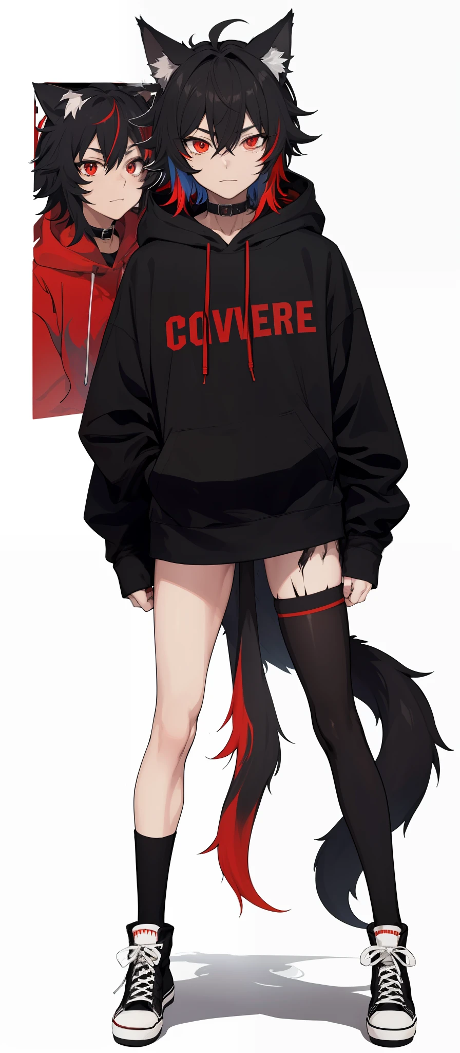 cat-boy, toned, sharp big wolf ears, wolf tail, big black messy hair, extremely vibrant red eyes, HD, masterpiece, vibrant, black converse shoes, slim dark black hoodie, full body view, neutral face, black thigh socks, combat boots.