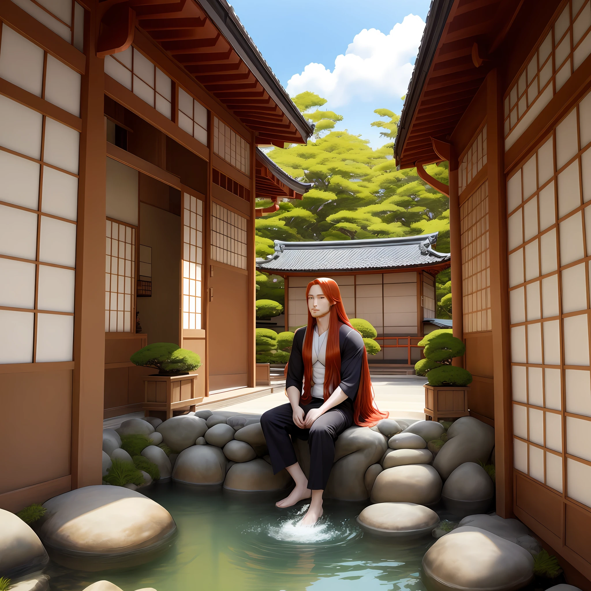 Beautiful man with long red hair, two-dimensional, Japanese-style architecture, sitting and drinking water, sunny sunny day