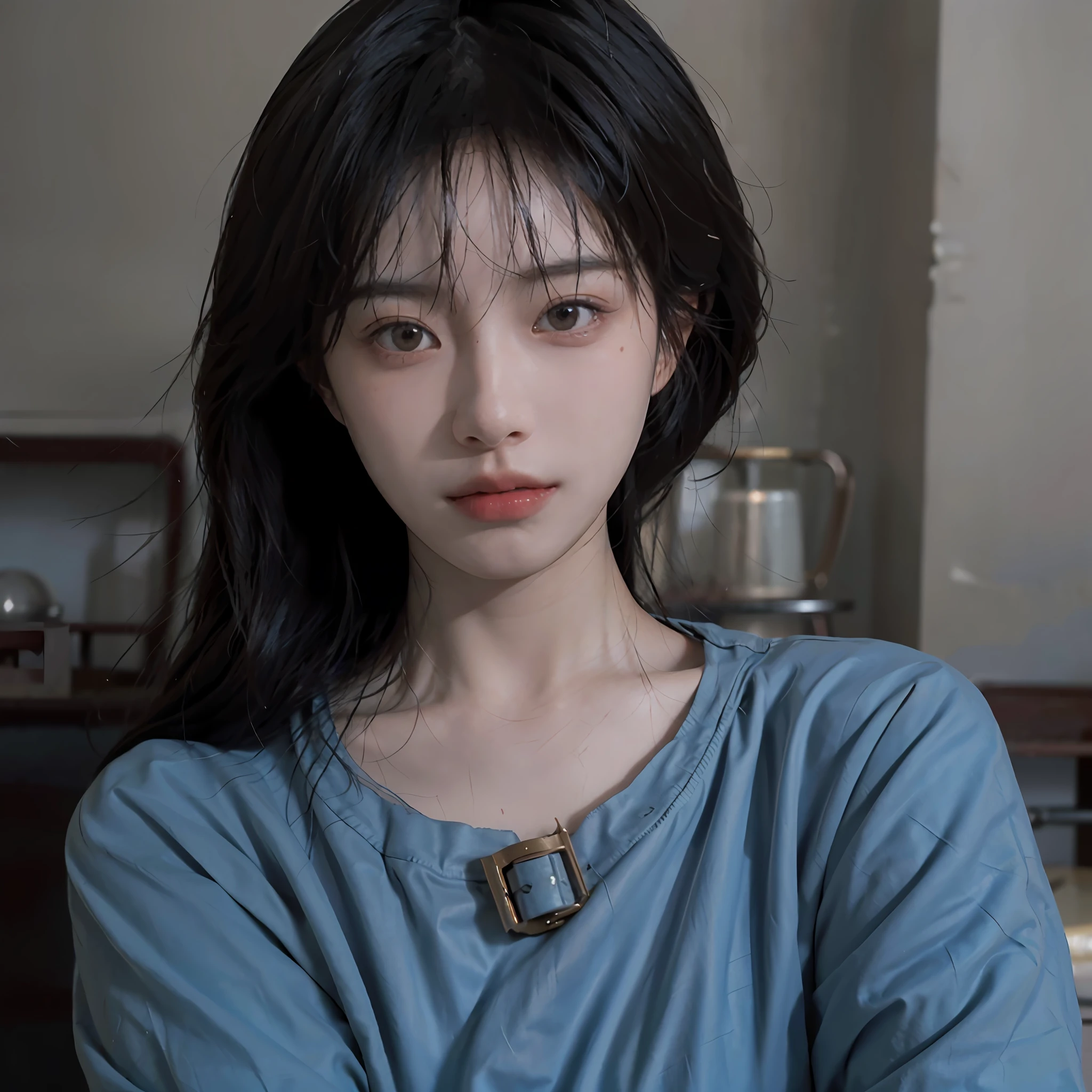 8K, Best Quality, Masterpiece, Ultra High Resolution, (Realism: 1.4), Original Photo, (Realistic Skin Texture: 1.3), (Film Grain: 1.3), (Selfie Angle), 1 Girl, Beautiful Eyes and Face Details, Masterpiece, Best Quality, Close-up, Upper Body, Looking at the Viewer