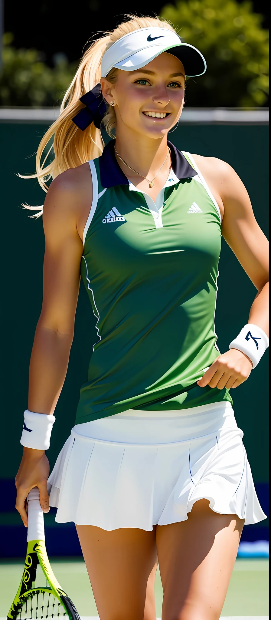 Maria, the beautiful tennis player, has blonde hair and radiant green eyes. She has an impeccable posture and a confident smile on her face. Maria is a graceful and agile athlete, with fluid and elegant movements on the tennis court. Her vibrant green shirt highlights her energy and determination, while her white skirt complements her sporty look. His lightning-quick reflexes and his ability to defend the ball accurately show his dexterity and talent in the sport. Maria is a true inspiration to young tennis players, embodying the strength, gracefulness and determination of an exceptional athlete.