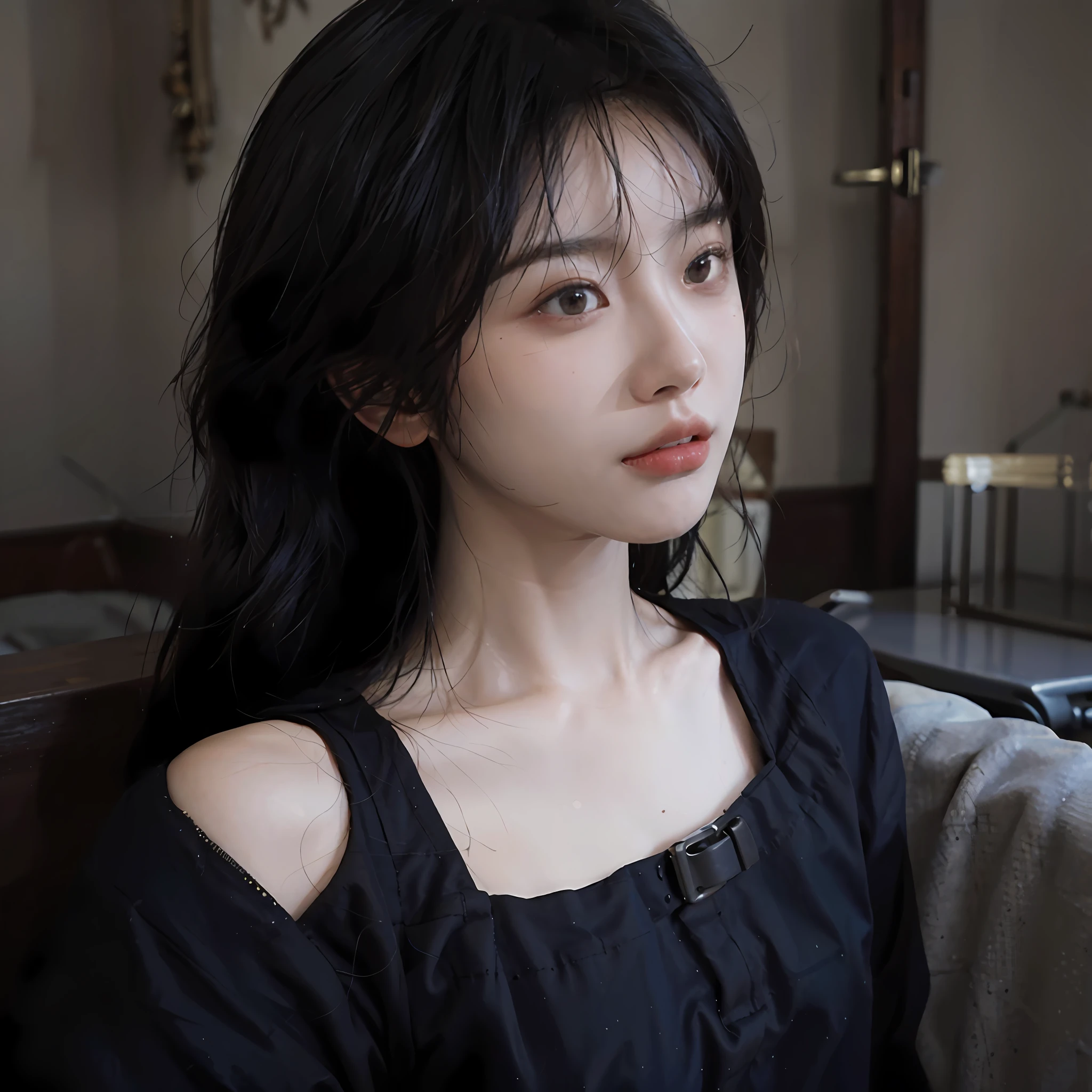 8K, Best Quality, Masterpiece, Ultra High Resolution, (Realism: 1.4), Original Photo, (Realistic Skin Texture: 1.3), (Film Grain: 1.3), (Selfie Angle), 1 Girl, Beautiful Eyes and Face Details, Masterpiece, Best Quality, Close-up, Upper Body, Looking at the Viewer