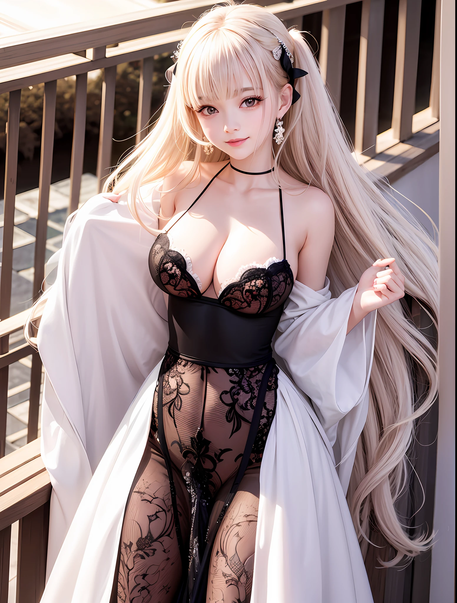 (Realisticity: 1.5), (Original Photo: 1.4), (Realisticity: 1.3), (Masterpiece), Best Quality, Highest Quality, Extremely Detailed CG Unified 8k Wallpaper, Detailed and Complex, Original, High Resolution, [:( Detailed Face: 1.2): 0.2], Film Grain, Fujifilm XT3, (High Detailed Skin: 0.9), 8K, (Ulzzang-6500:0.9), balcony, show by rock!!, light smile, cleavage, detailed gradient background,