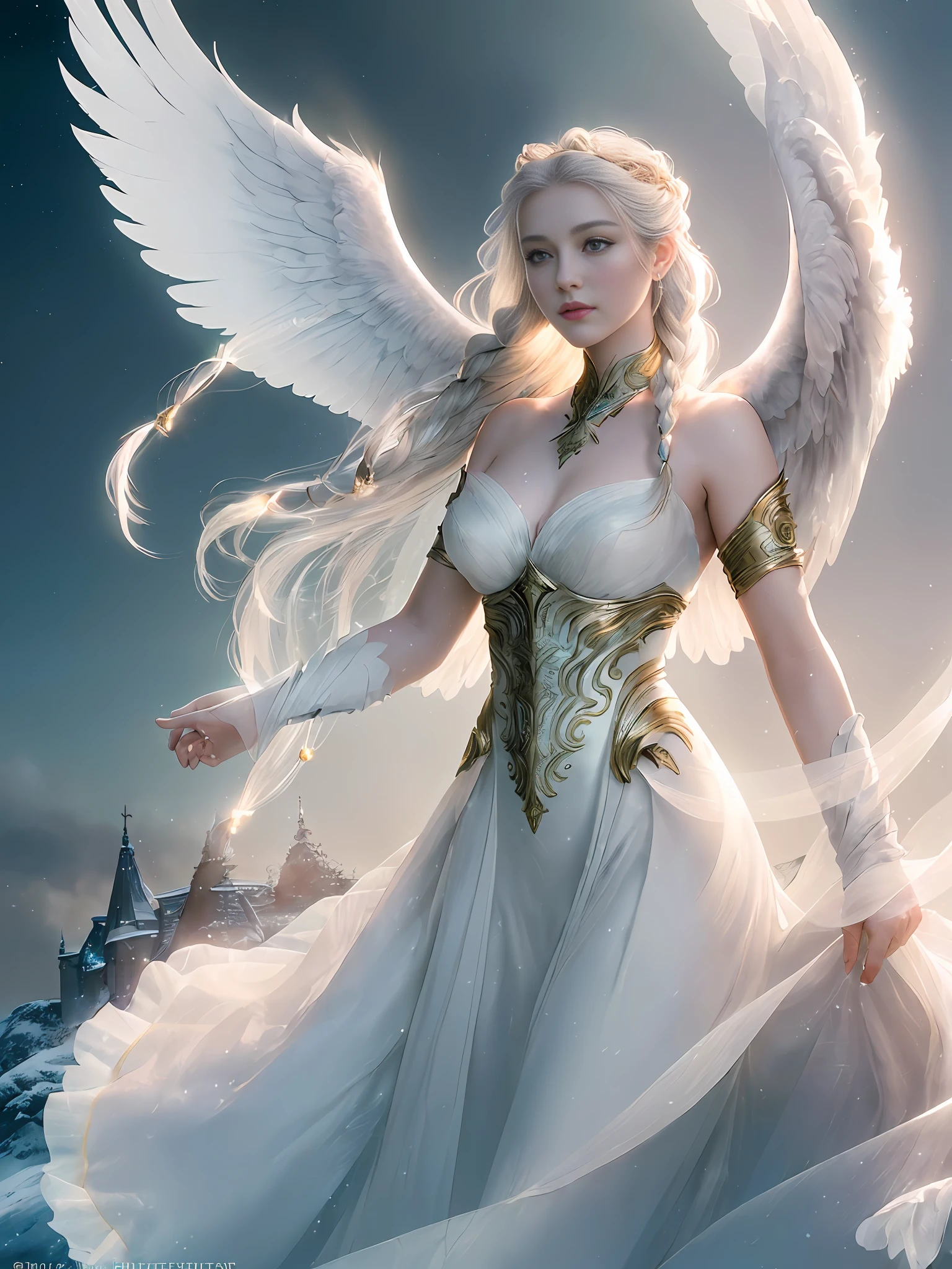 (masterpiece, best quality, photorealistic, highly detailed, octane render, unreal engine, 8k HD, hyper-detailed, realistic skin texture, best quality, ultra high res, raw photo, dramatic lighting, unreal engine, diffuse glow, dynamic pose), A female archangel with beautiful features would likely have striking, ethereal looks that would inspire awe and wonder in anyone who beheld her. She might have piercing blue or green eyes that seemed to glow with an inner light, framed by long lashes that brushed against her delicate cheekbones. Her skin might be porcelain pale, with a soft, rosy blush that highlighted her high cheekbones.
Her hair might be long and flowing, with strands of gold or silver that shimmered like starlight in the sun. It might be styled in intricate braids or loose waves that cascaded down her back, or perhaps pulled back into an elegant updo that showcased her graceful neck.
Her wings would be magnificent, with feathers as white as snow and shimmering with an otherworldly light. They might be large and imposing, giving her an aura of power and majesty, or perhaps delicate and intricate, reflecting her refined and elegant nature.
In short, a female archangel with beautiful features would be a vision of divine beauty, radiating grace, power, and wonder in all who beheld her