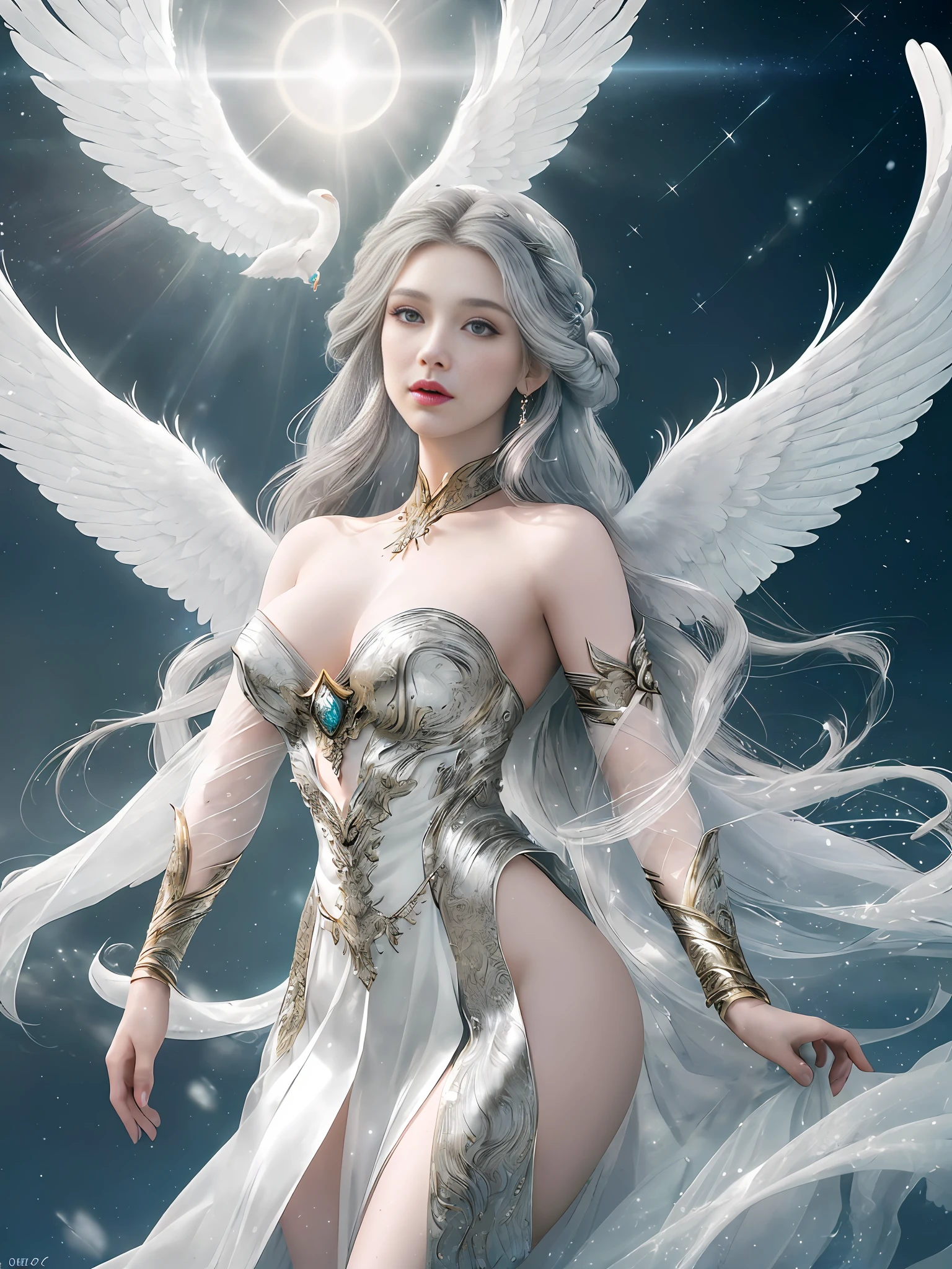 (masterpiece, best quality, photorealistic, highly detailed, octane render, unreal engine, 8k HD, hyper-detailed, realistic skin texture, best quality, ultra high res, raw photo, dramatic lighting, unreal engine, diffuse glow, dynamic pose), A female archangel with beautiful features would likely have striking, ethereal looks that would inspire awe and wonder in anyone who beheld her. She might have piercing blue or green eyes that seemed to glow with an inner light, framed by long lashes that brushed against her delicate cheekbones. Her skin might be porcelain pale, with a soft, rosy blush that highlighted her high cheekbones.

Her hair might be long and flowing, with strands of gold or silver that shimmered like starlight in the sun. It might be styled in intricate braids or loose waves that cascaded down her back, or perhaps pulled back into an elegant updo that showcased her graceful neck.

Her wings would be magnificent, with feathers as white as snow and shimmering with an otherworldly light. They might be large and imposing, giving her an aura of power and majesty, or perhaps delicate and intricate, reflecting her refined and elegant nature.

In short, a female archangel with beautiful features would be a vision of divine beauty, radiating grace, power, and wonder in all who beheld her