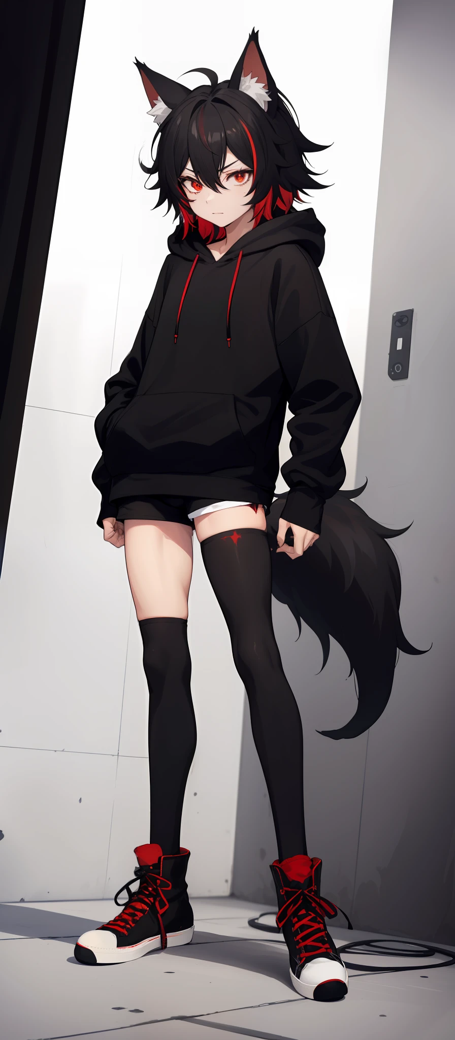cat-boy, toned, sharp big wolf ears, wolf tail, big black messy hair, extremely vibrant red eyes, HD, masterpiece, vibrant, black converse shoes, slim dark black hoodie, full body view, neutral face, black thigh socks, combat boots.