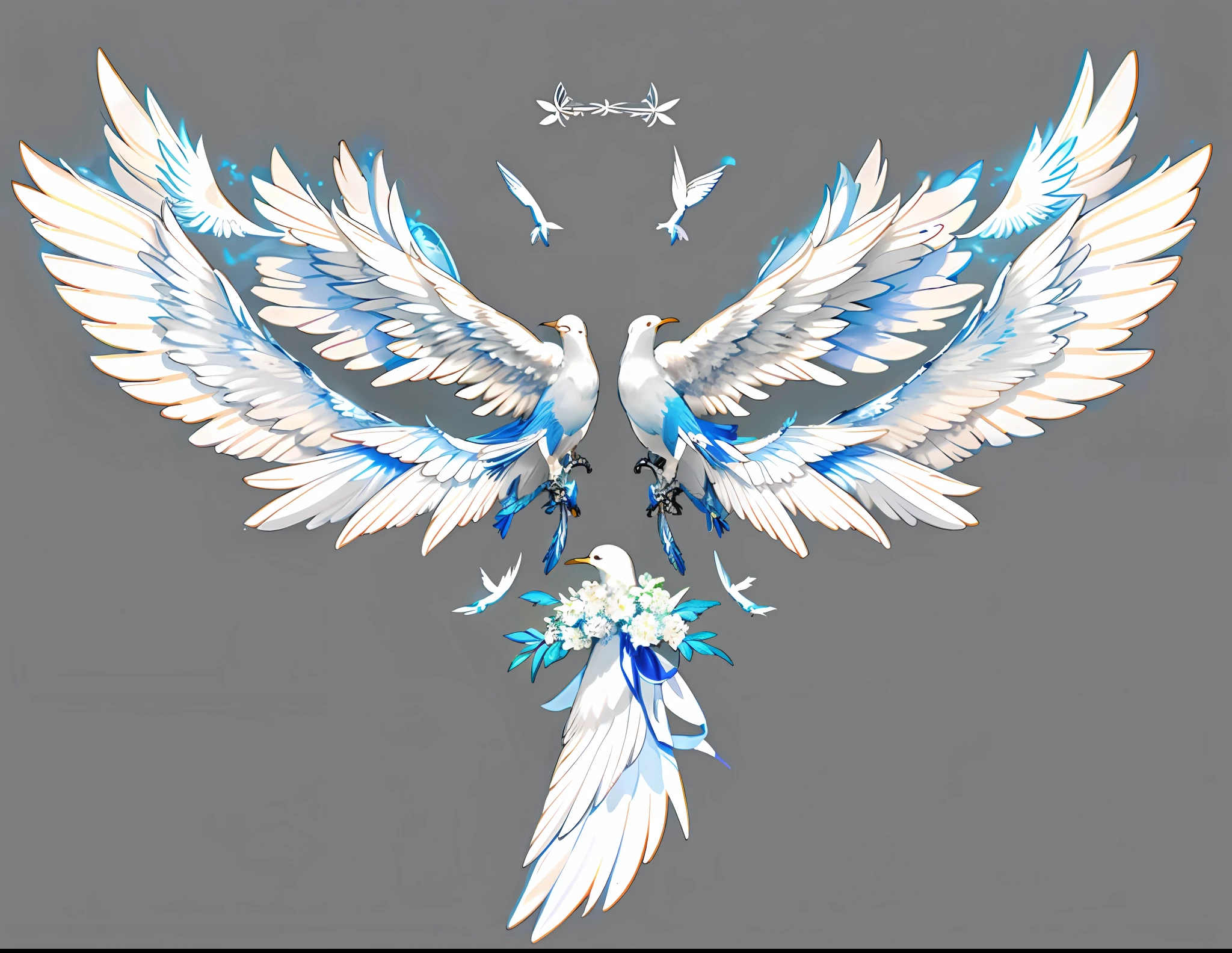 there is a picture of a white bird with blue and white flowers, bladed wings lace wear, feathery wings, ethereal wings, detailed wings, wings lace wear, symmetry!! concept art, with wings. ultra-detailed, majestic wings, feathered wings, infinite angelic wings, symetrical wings, exquisite and handsome wings, angelic wings, white wings