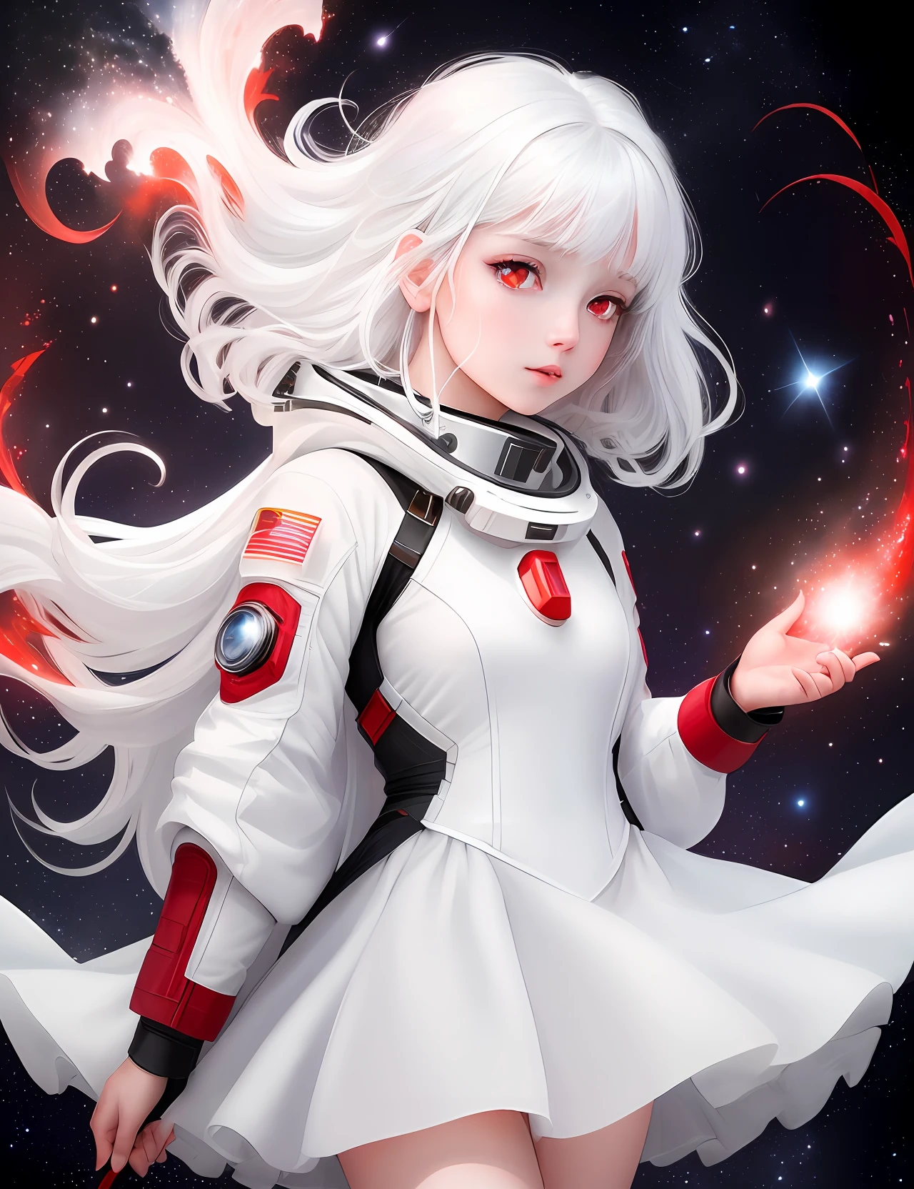 (an extremely delicate and beautiful),floating,high resolution,((1girl)),(white hair:1.2 + red eyes:1.2), space suit,galaxy background,dynamic angle,wide shot,stellar dust,beautiful stars, perfect illustration, masterpiece.
