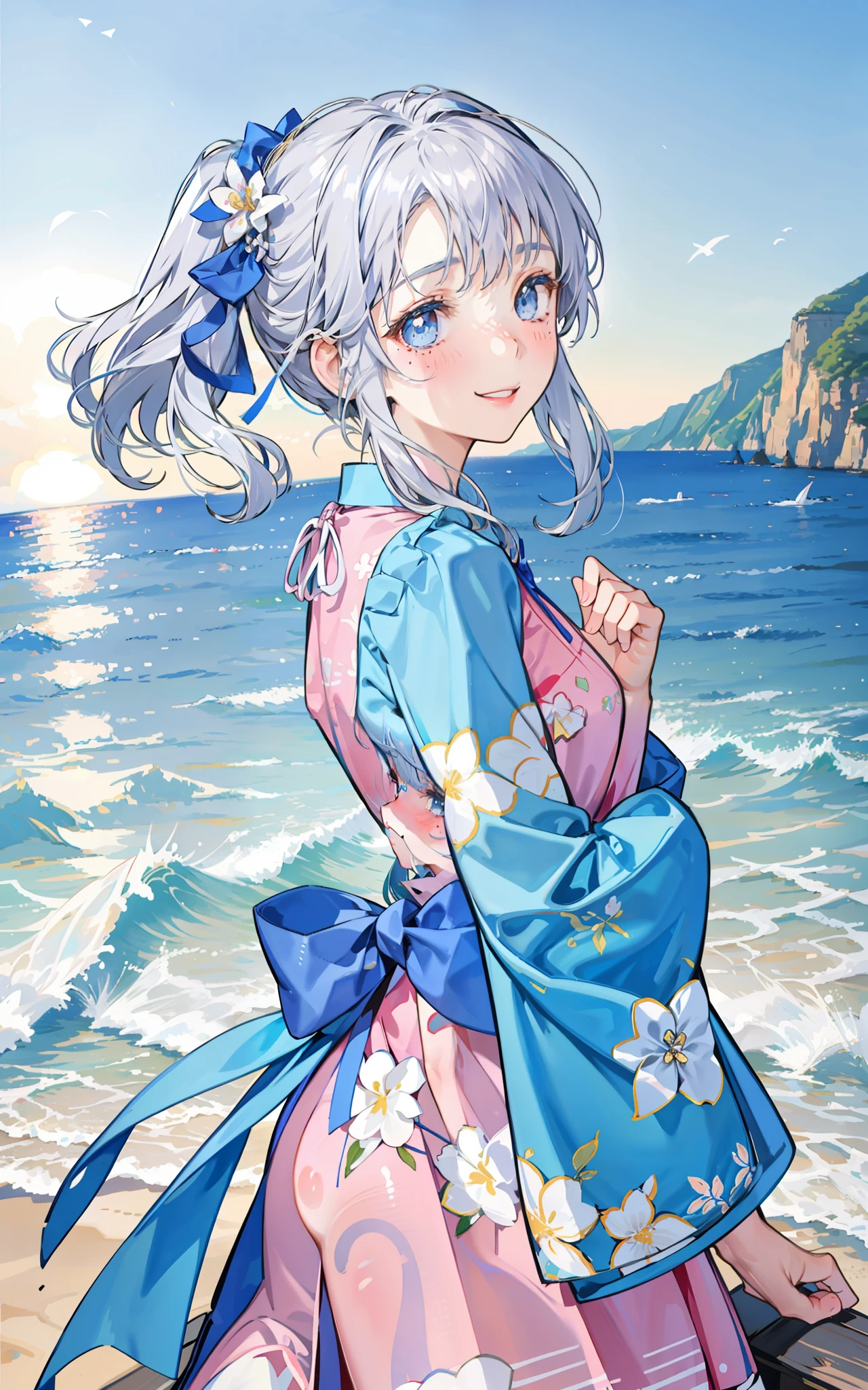 Back girl looking back with a shy smile, blushing, dressed in a yutaka with floral print, beach scenery, girl with silver hair, light blue eyes, mole, with a white bow in her hair,