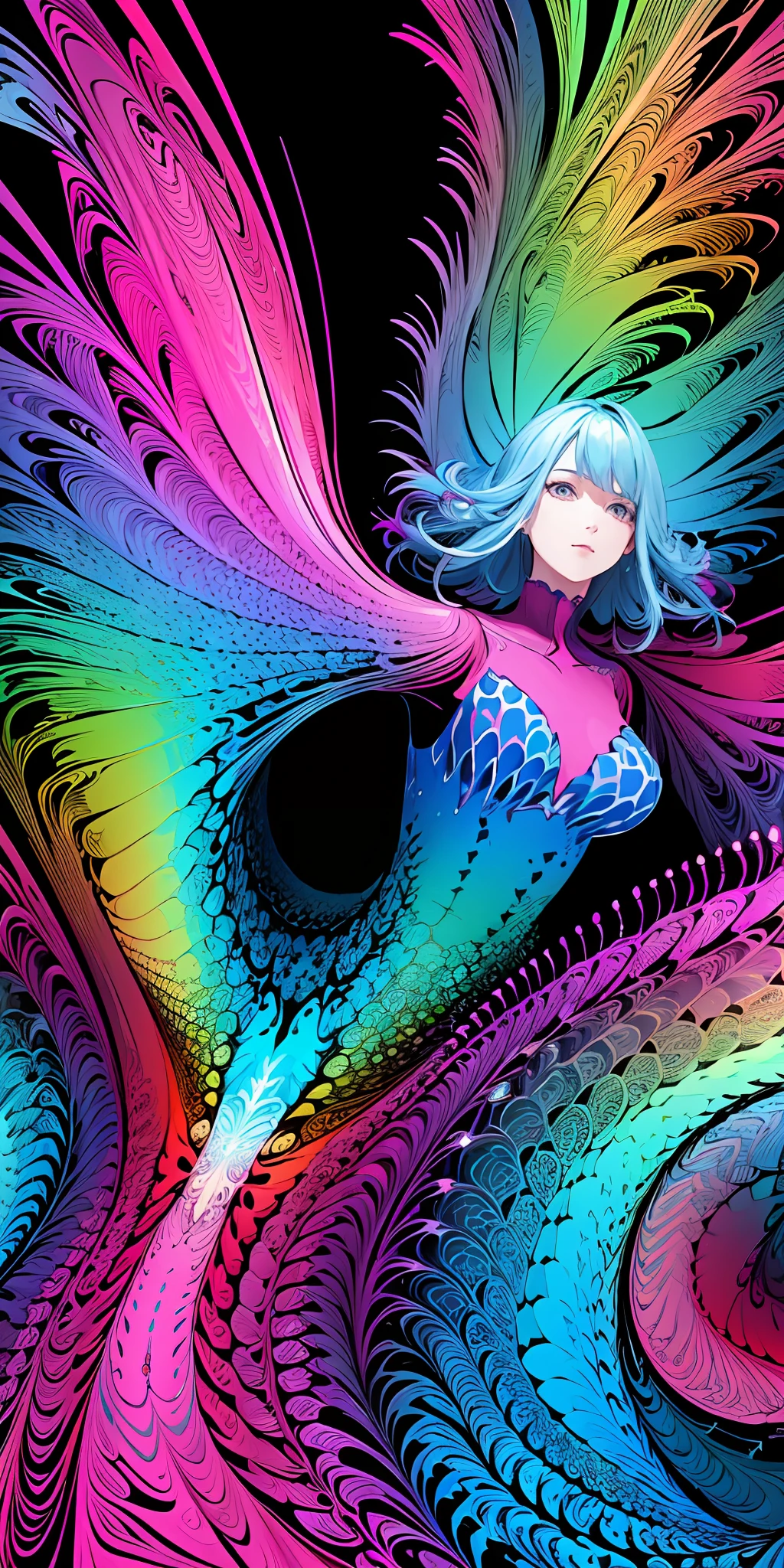 (flat color:1.3),(colorful:1.3),(masterpiece:1.2), best quality, masterpiece, original, extremely detailed wallpaper, looking at viewer,1girl with the pattern,solo,floating colorful water, (fractal art:1.3),