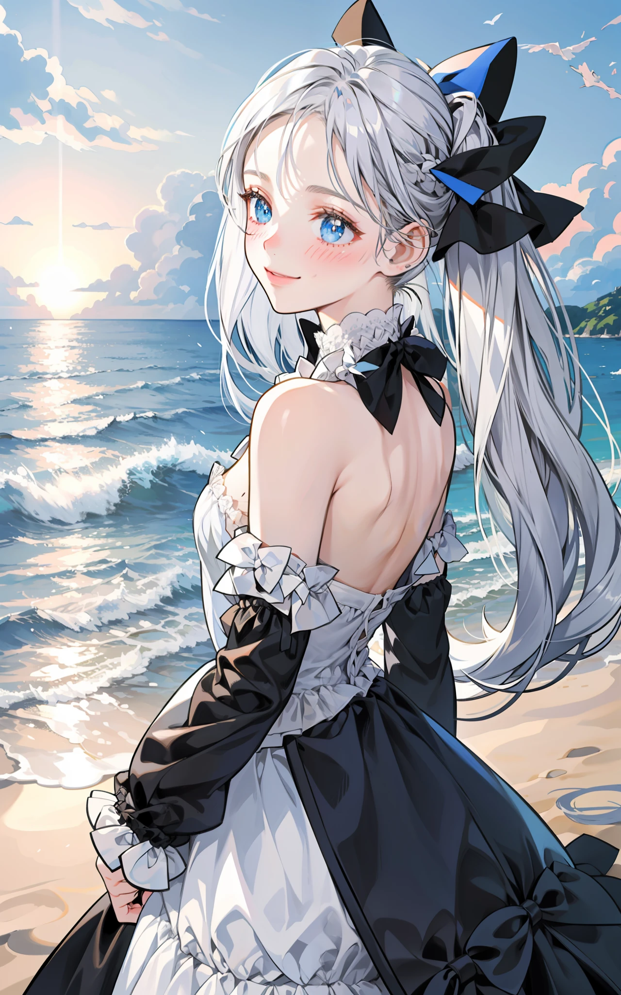 Back girl looking back with a shy smile, blushing, dressed in black long sleeves and bare back, beach scenery, girl with silver hair, light blue eyes, mole, with a white bow in her hair,