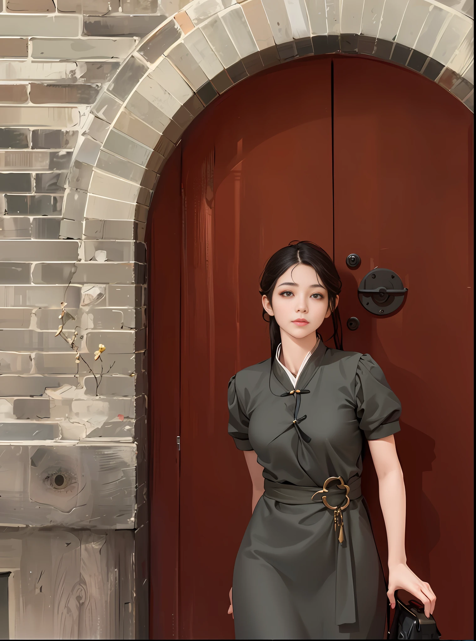 There is a woman standing in front of a red door, inspired by Song Maojin, Cai Xukun, cheongsam, with ancient costumes, wearing ancient street clothing, wearing a blue cheongsam dress, Shaxi, full body fairy, inspired by Ma Yuanyu, low quality video 1girl, crowd street, natural daylight, best quality, masterpiece, illustration, an extremely delicate and beautiful, extremely detailed,CG,unity,8k wallpaper, amazing, fine detail, mastery,best quality,official art, extremely detailed CG unity 8k wallpaper, ridiculous, incredibly ridiculous, huge file size, super detailed, high resolution, very detailed, beautiful detailed girl, Very detailed eyes and face, beautiful detailed eyes, (RAW photo, best quality), (realistic, photo realism: 1.3), light face, full body, full body photo, black jacket, ((triangle face)), (light brown hair: 1), long hair, (big eyes), (puffy eyes)), ((small breasts))), ((fantasy chests)), (Kpop idol), (aegyo sal), bangs, ((wall background)), blank Wall, skinny, (posing), (smiling), happy, looking at the audience, facing ahead
