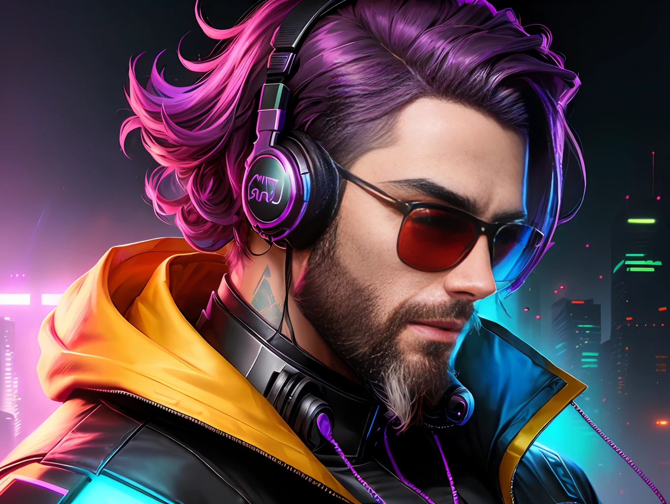 A stunning trendy themed gradient cyberpunk portrait of a man wearing sunglasses, beard, headphones, particularly rich in color detail, very detailed, cool tones, no watermark signature, transcendent stylized twitch streamers filling the entire picture.