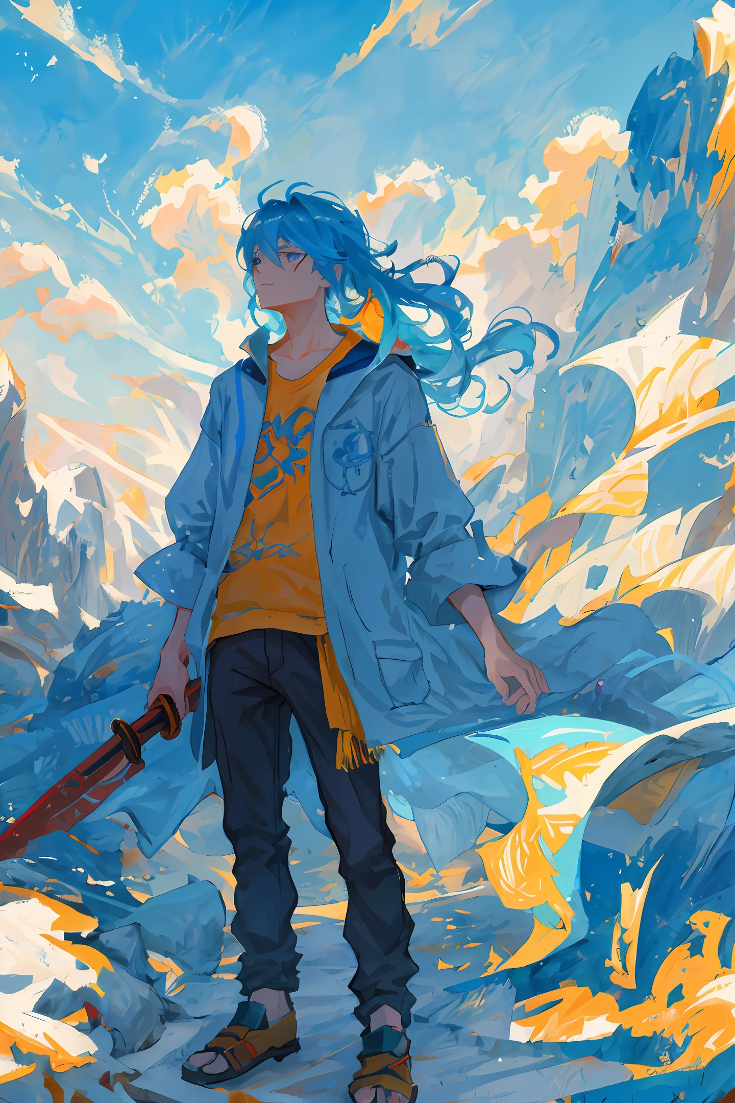 Minato with a sword of fire in his hand next to a fallen man with a lot of blood
