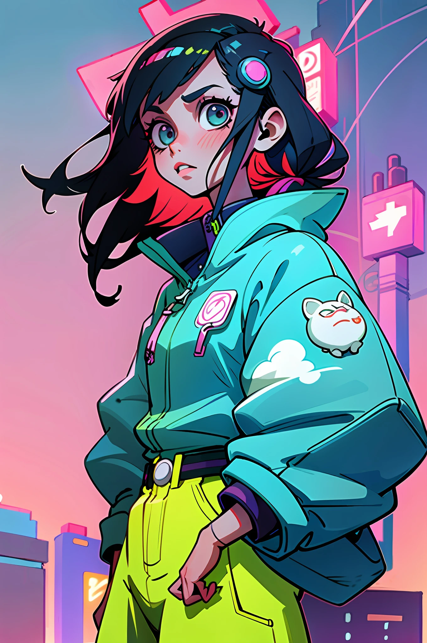 (best quality, masterpiece), 1girl, cyberpunk, sweatshirt, neon, cloudy sky, (cartoon:1.5)