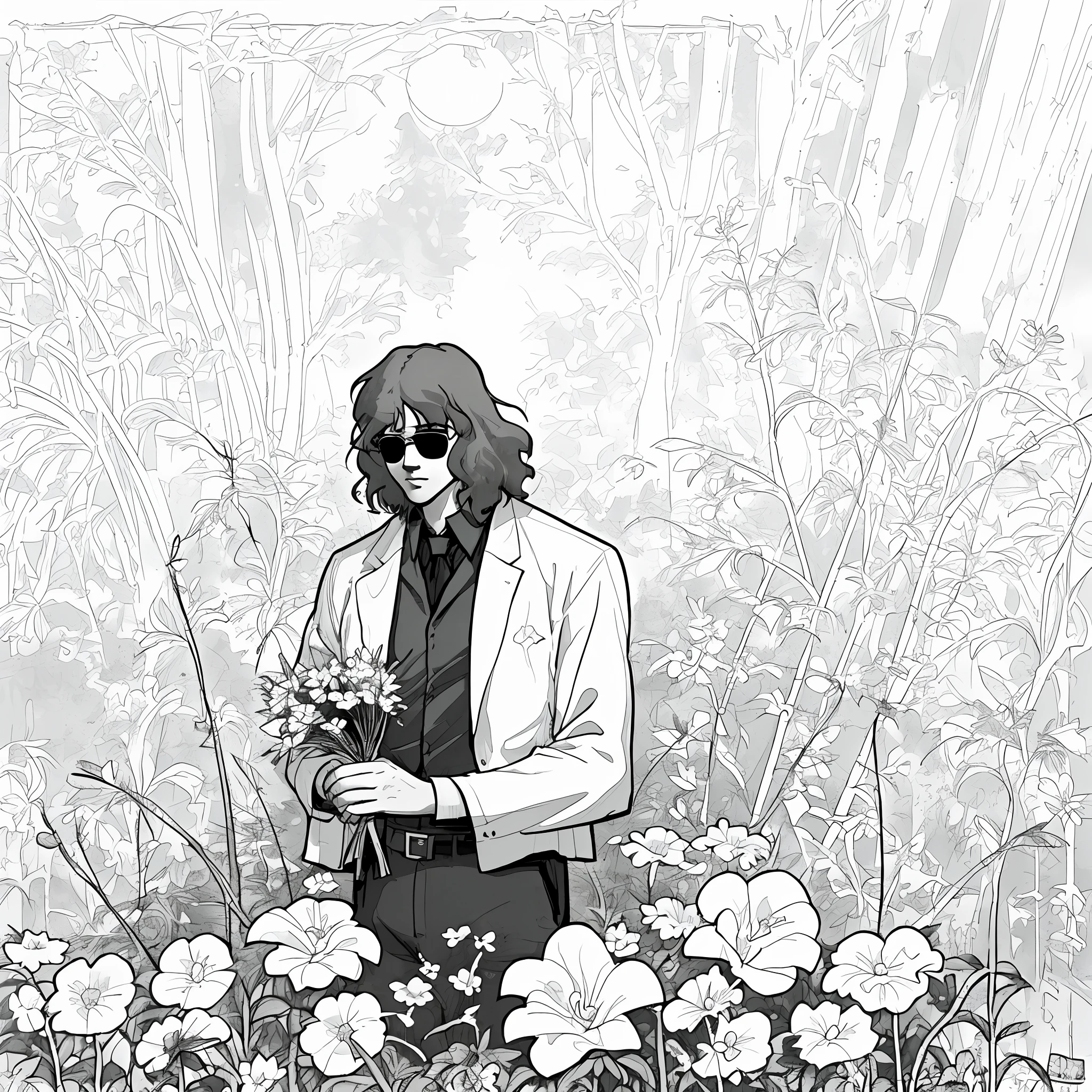 A jim morrison-style man, wearing sunglasses, holding flowers, melancholy, with a withered garden in the background, noir style, art deco, soviet art