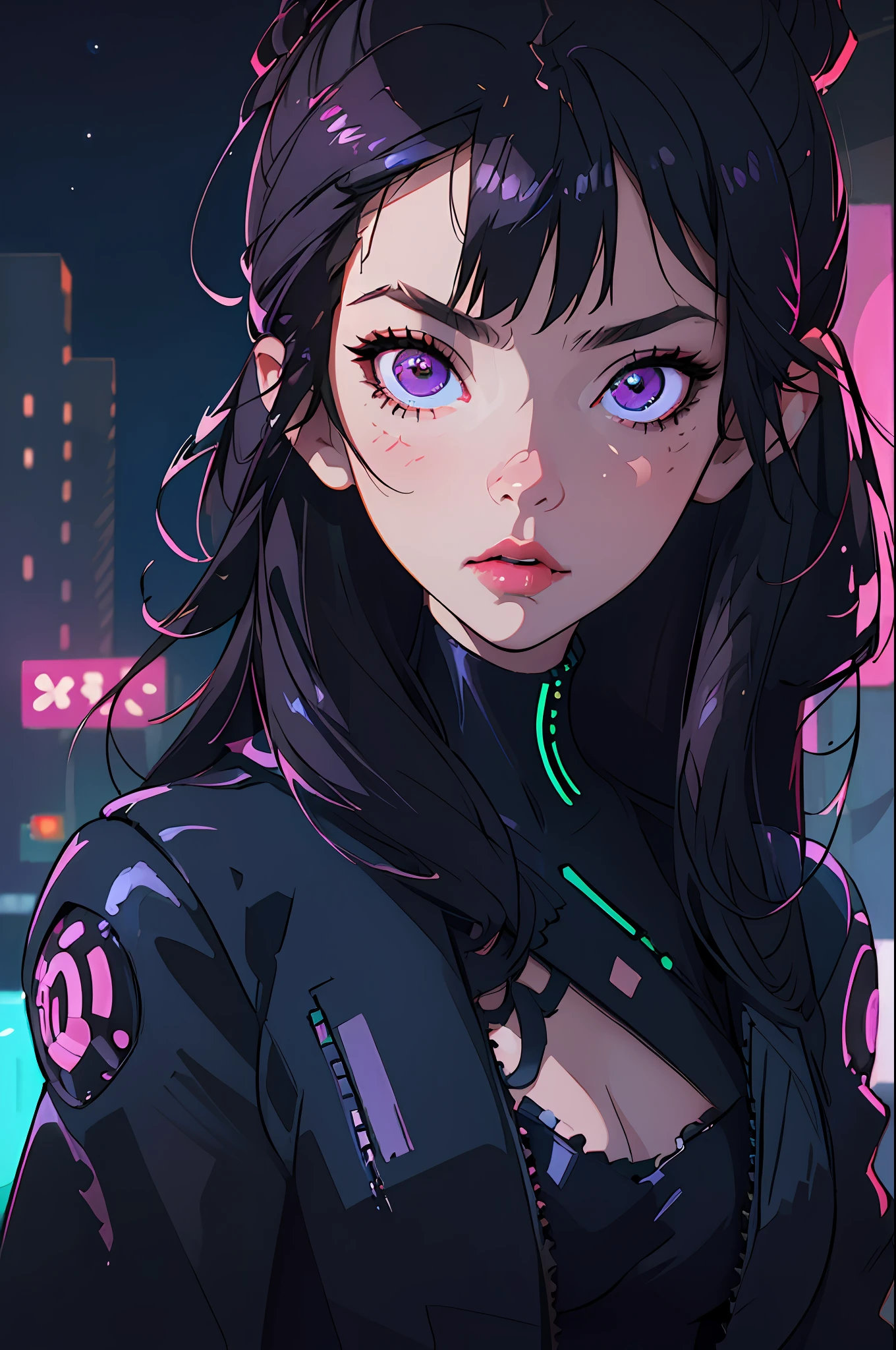 (best quality, masterpiece1.2), (detailed eye:1.2), complex detail, depth of field, 1girl, city, cyberpunk, neon, neon lights, night, moon,