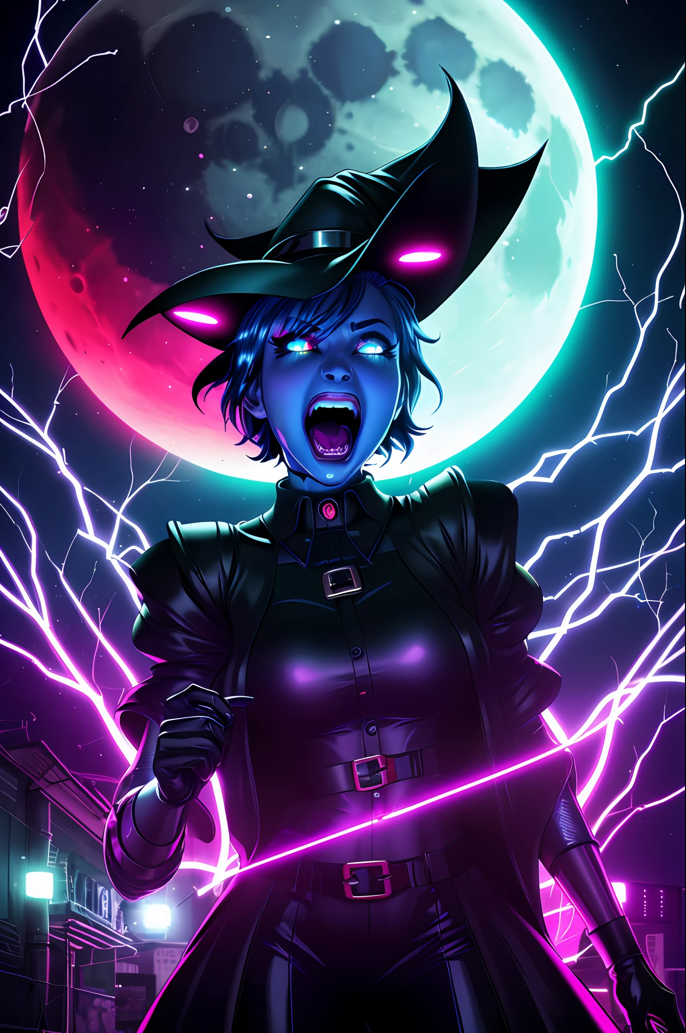 (Closeup: 1.2), Screaming Witch, (Giant Moon), (Cyberpunk Clear Clothes: 1.2), Glossy, Clear Clothes, Glowing Neon, Glowing Blue Eyes, Large Pupils, Bioluminescence, Open Mouth, Long Fangs, Long Sharp Fingers, Glowing Silhouette, Golden Highlights, Spider, Dripping Blood, Lightning, Surrealism, Octane Rendering