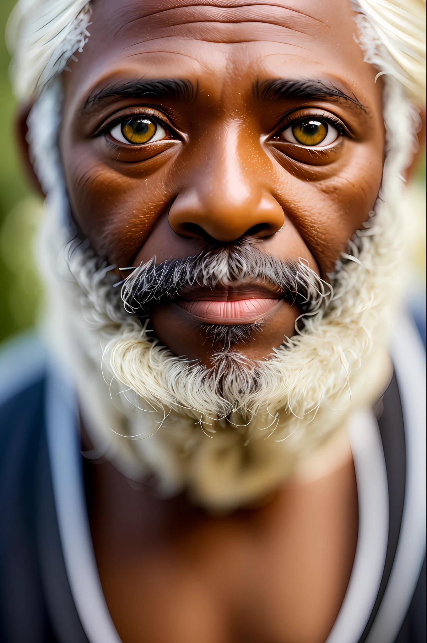 dark theme, ultra resolution, hyper realistic, hdr, absyrdres, cinematic shot, vignette, centered, short DOF, a close-up portrait of an old black man, Brazilian, looking at the camera, old green eyes, short white hair, a braided curl of hair, white BARBA VIKING, narrow face, dark skin, broad shoulders, sun-worn and saltwater, royal gibbon with golden patterns,  real camera with focus in one eye, high focal length, dslr, 200mm lens, photo by Cristina Otero, dark studio, edge lighting, two-tone lighting, dim light, low key, backlight,
