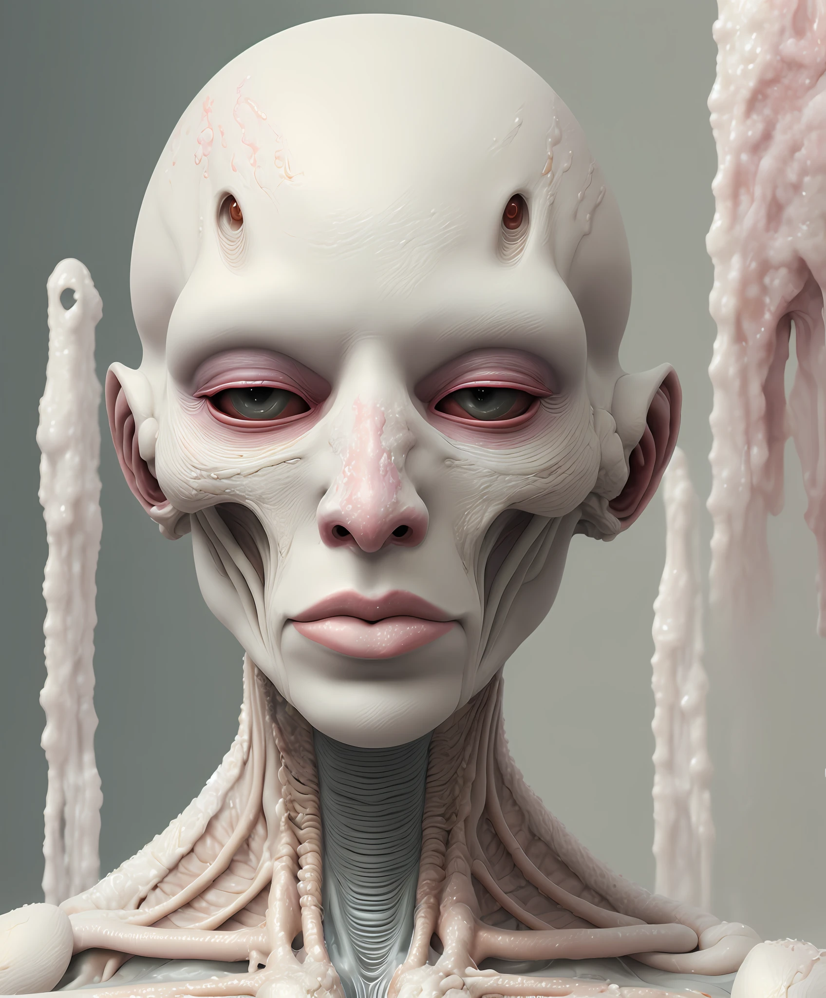 highly detailed soft oil painting, trending on artstation, pale alien creature, cinematic film still, mutated, smooth rotten skin, subsurface scattering, detailed pale eggshell sickly wet skin, twisted features, people running, highly detailed, muted colors, soft volumetric lighting, best quality, masterpiece, realistic, roughness, ultra realistic,