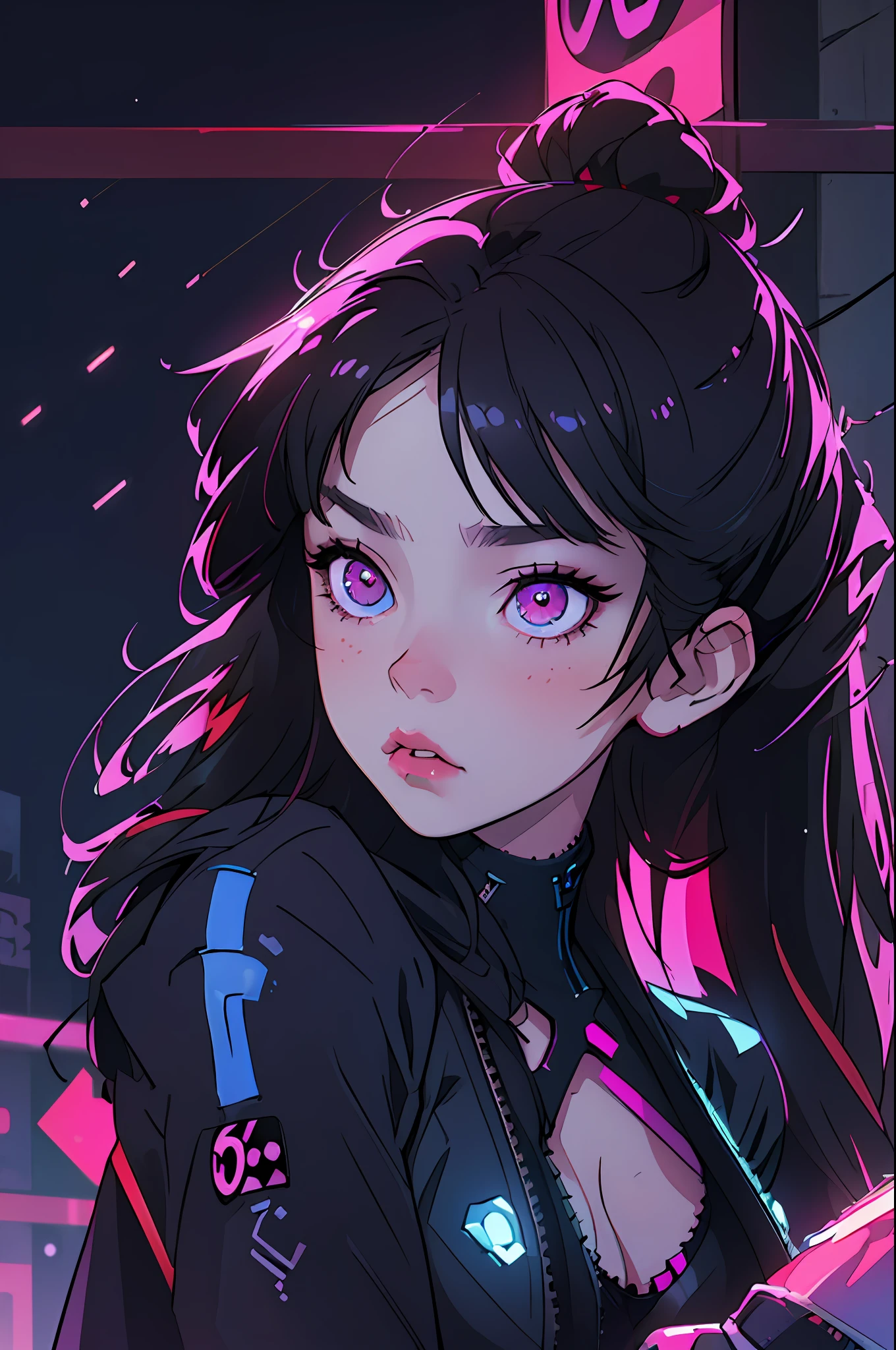 (best quality, masterpiece1.2), (detailed eye:1.2), complex detail, depth of field, 1girl, city, cyberpunk, neon, neon lights, night, moon, three-quarter view, breasts, string