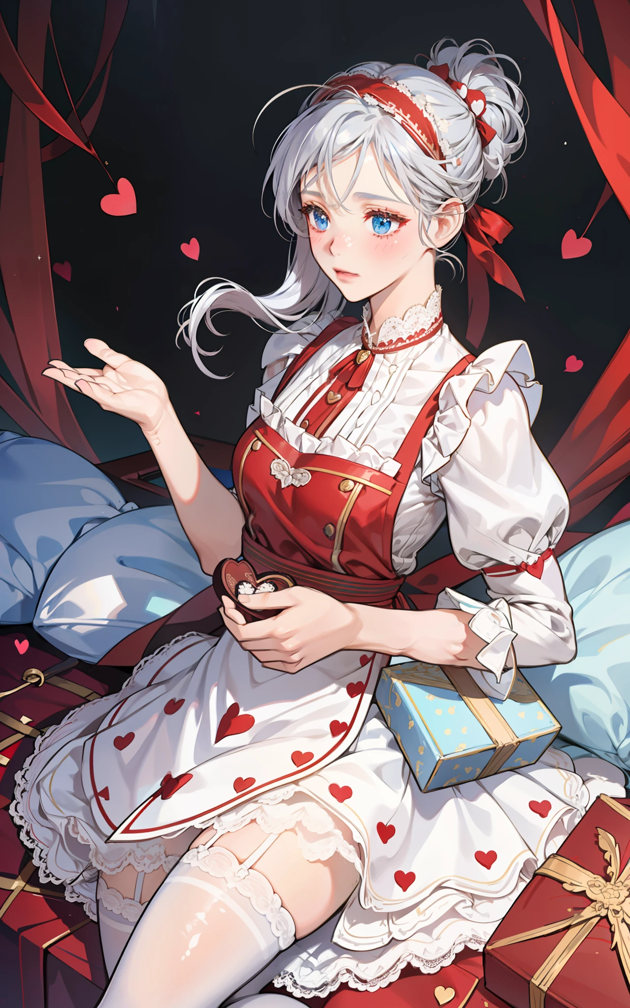Girl with silver hair and blue eyes, holding with both hands a box of chocolates in the shape of a heart, offering gift with both hands, shy look, blushing, dressed in a red apron and white blouse with lace and black count, red headband, white thigh stockings,