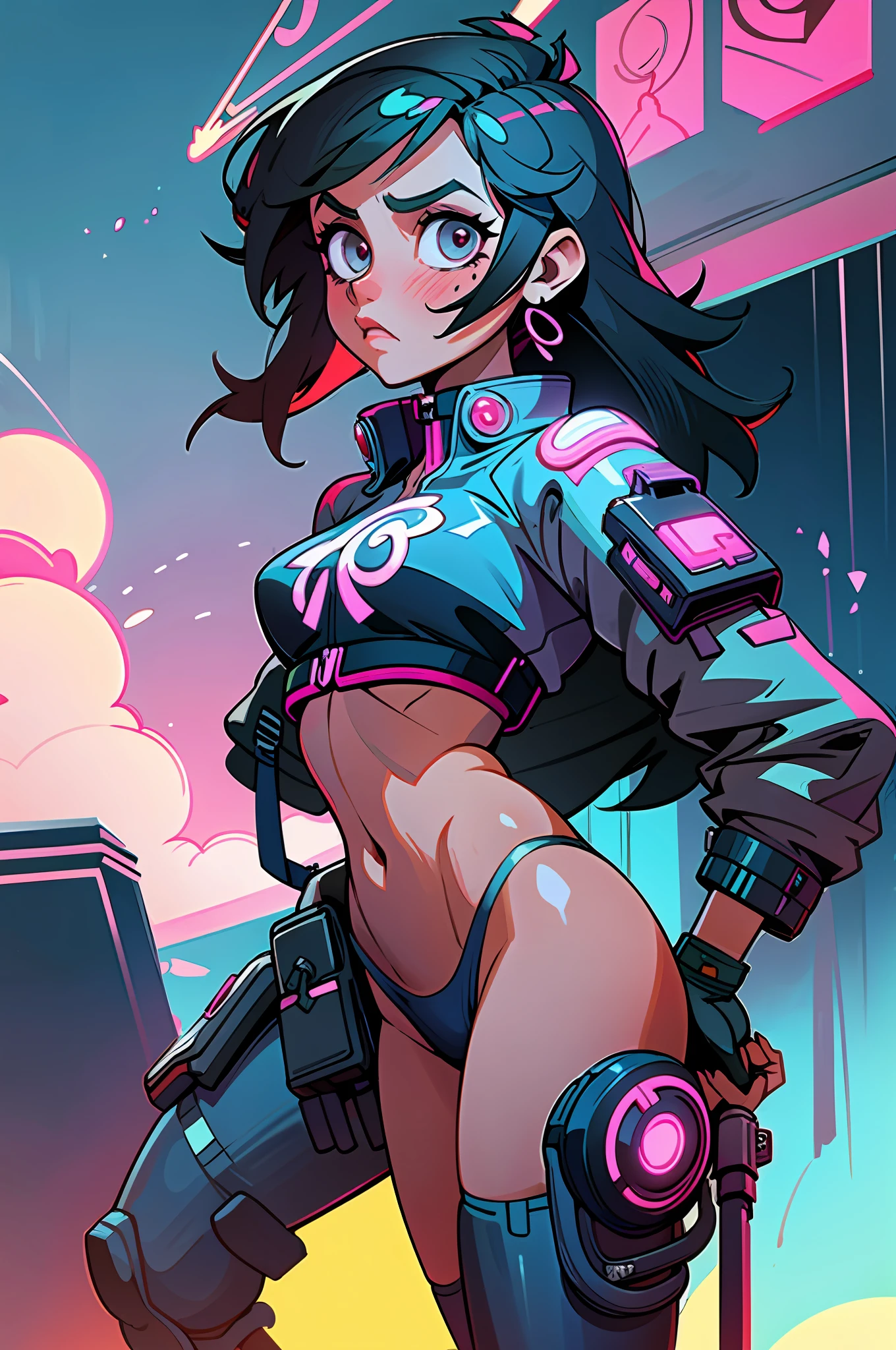 (best quality, masterpiece), 1girl, cyberpunk, neon, cloudy sky, (cartoon:1.5), sexy, thong,