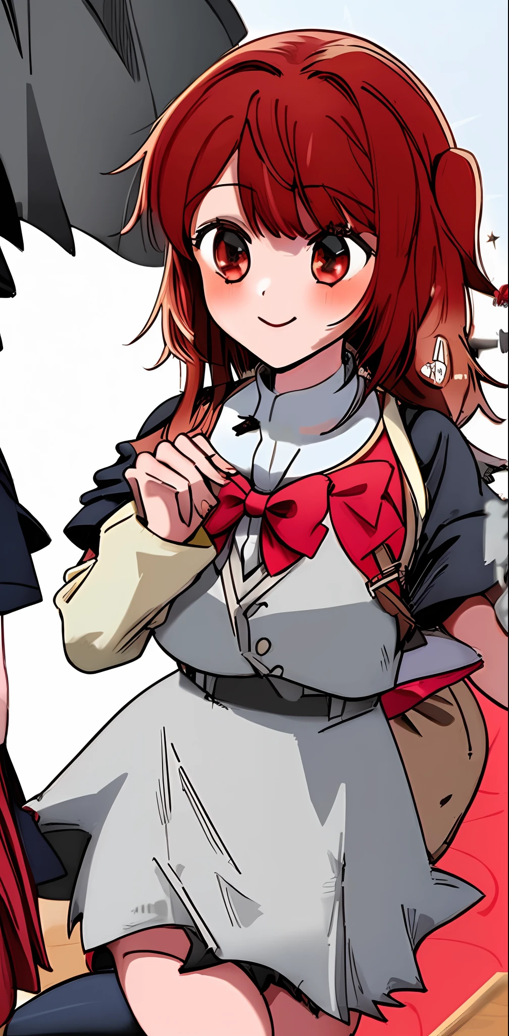 1 girl, solo, red hair, kita medium length hair, school uniform, beige school uniform, black skirt, knee-length skirt, happy expression, classroom background